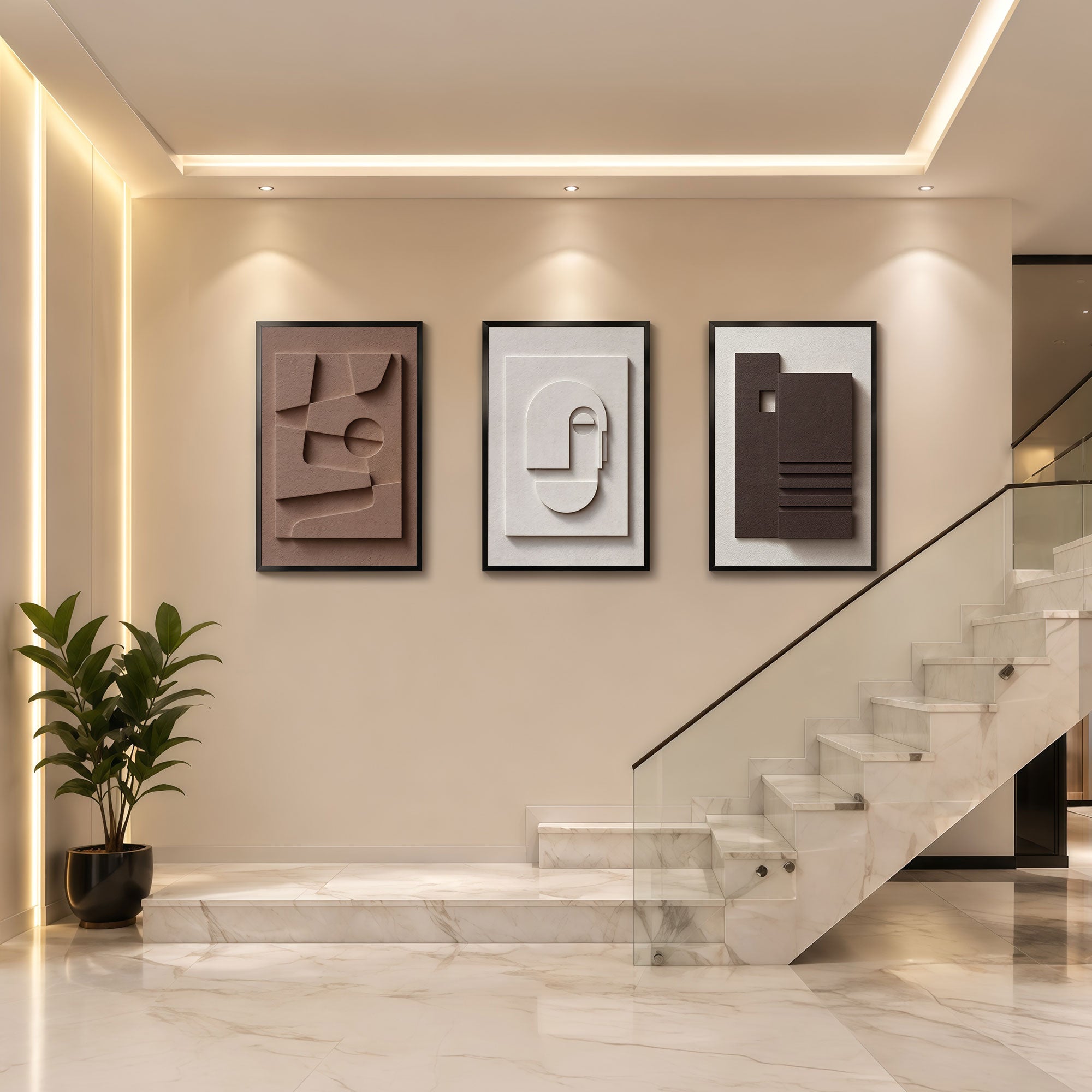 The Castle Decor 3-Piece Modern Minimalist 3D Relief Wall Art Set – Abstract Geometric Sculptural Framed Art, Neutral Terracotta & Cream Textured Bas-Relief Panels for Living Room, Staircase, Entryway