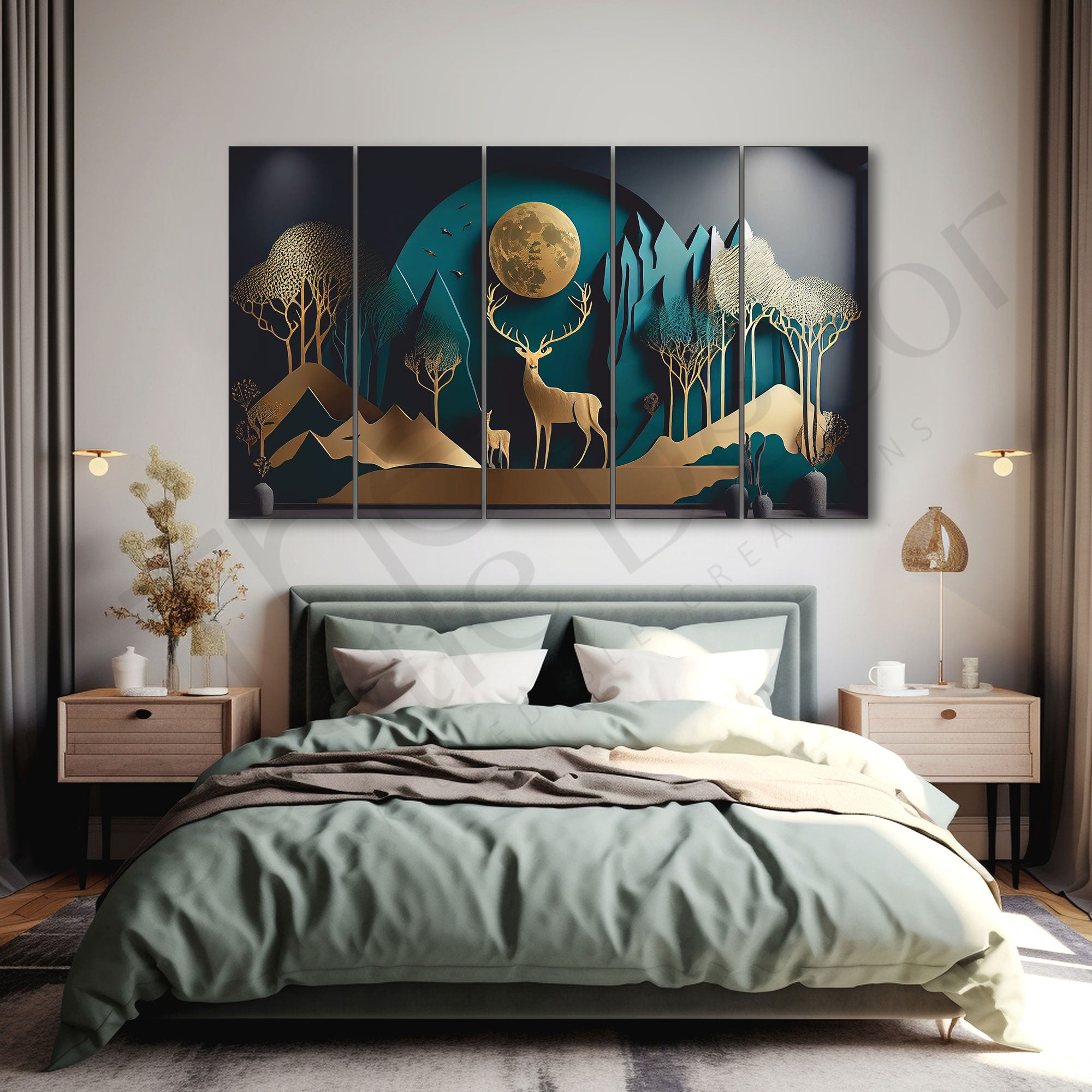 Golden Deer Nature Painting Set of 5 for Home Decoration