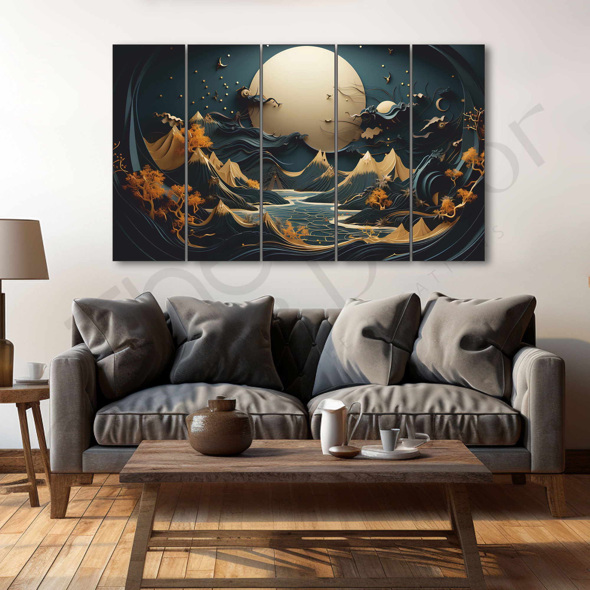 Golden Mountains Sea Painting Set of 5 for Home Decoration