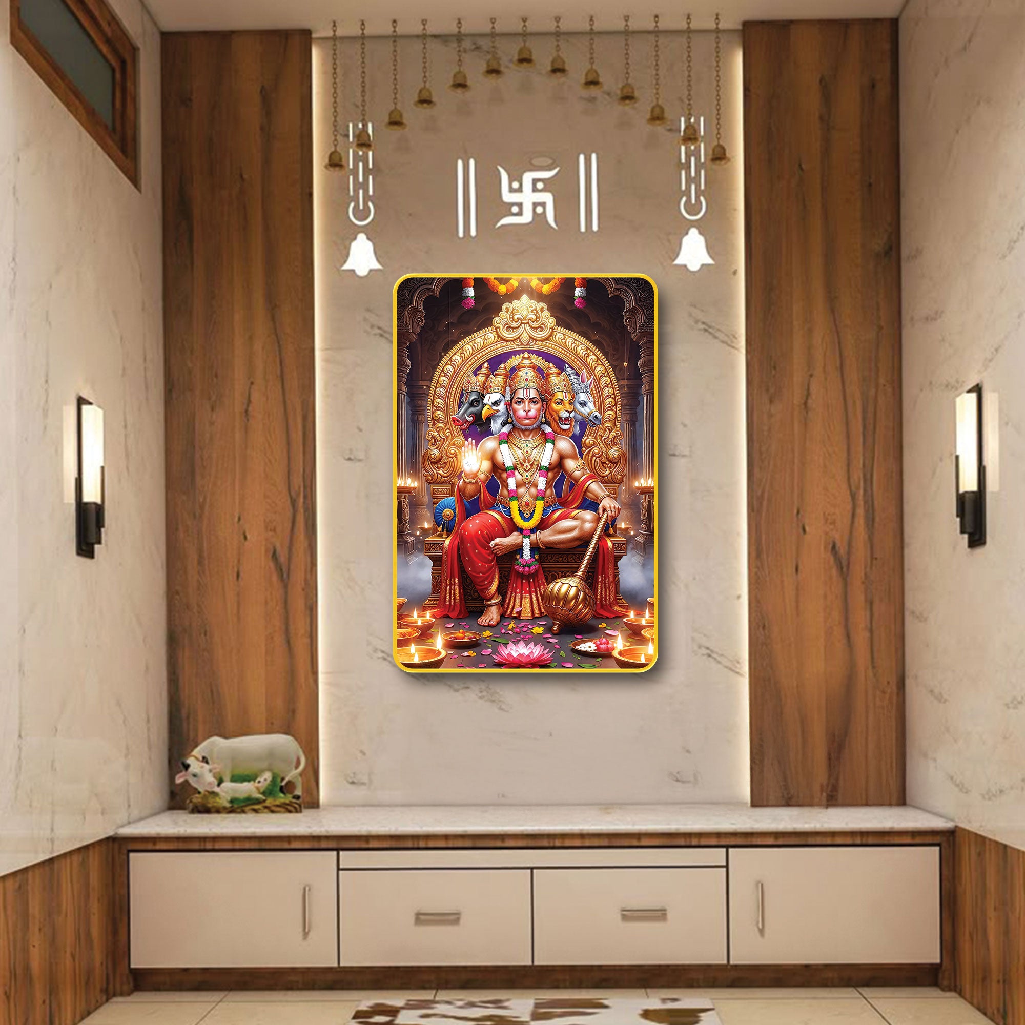The Castle Decor Panchmukhi Hanuman Ji Digital Print Wall Frame with Sparkle Lamination & Golden Slim Frame | Devotional Wall Art for Home Temple & Festive Gifting 20X30 Inches