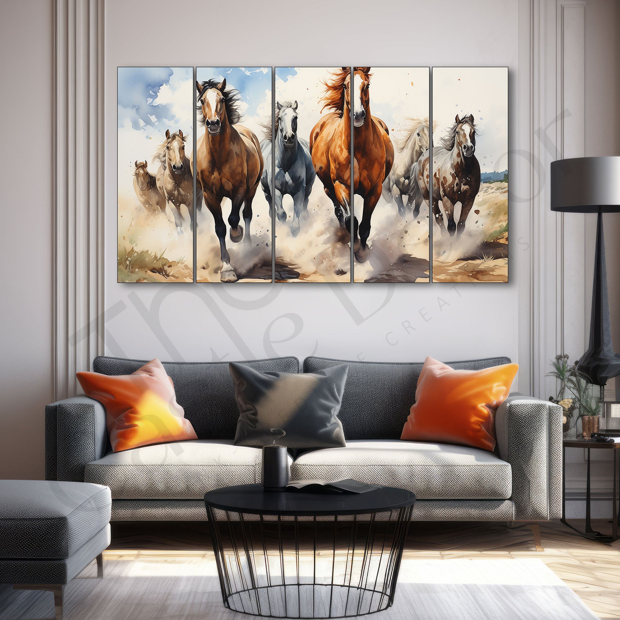Watercolour 7 Running Vaastu Horses Painting Set of 5 for Home Decoration