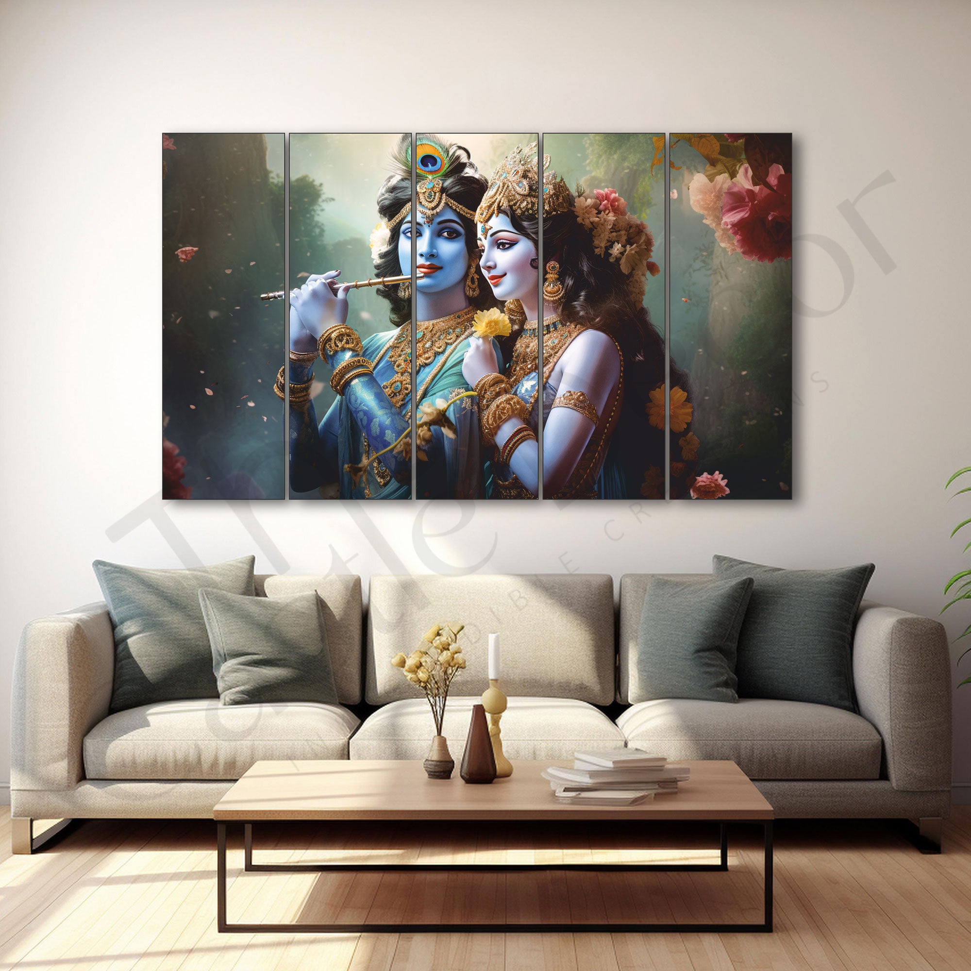 Radha krishna flute.Set of 5 Big Size Multiple Frames Wall Art Painting for living room,Bedroom,Drawing room,Hotels-Wooden Framed-Digital PaintingWooden Framed-Digital Painting