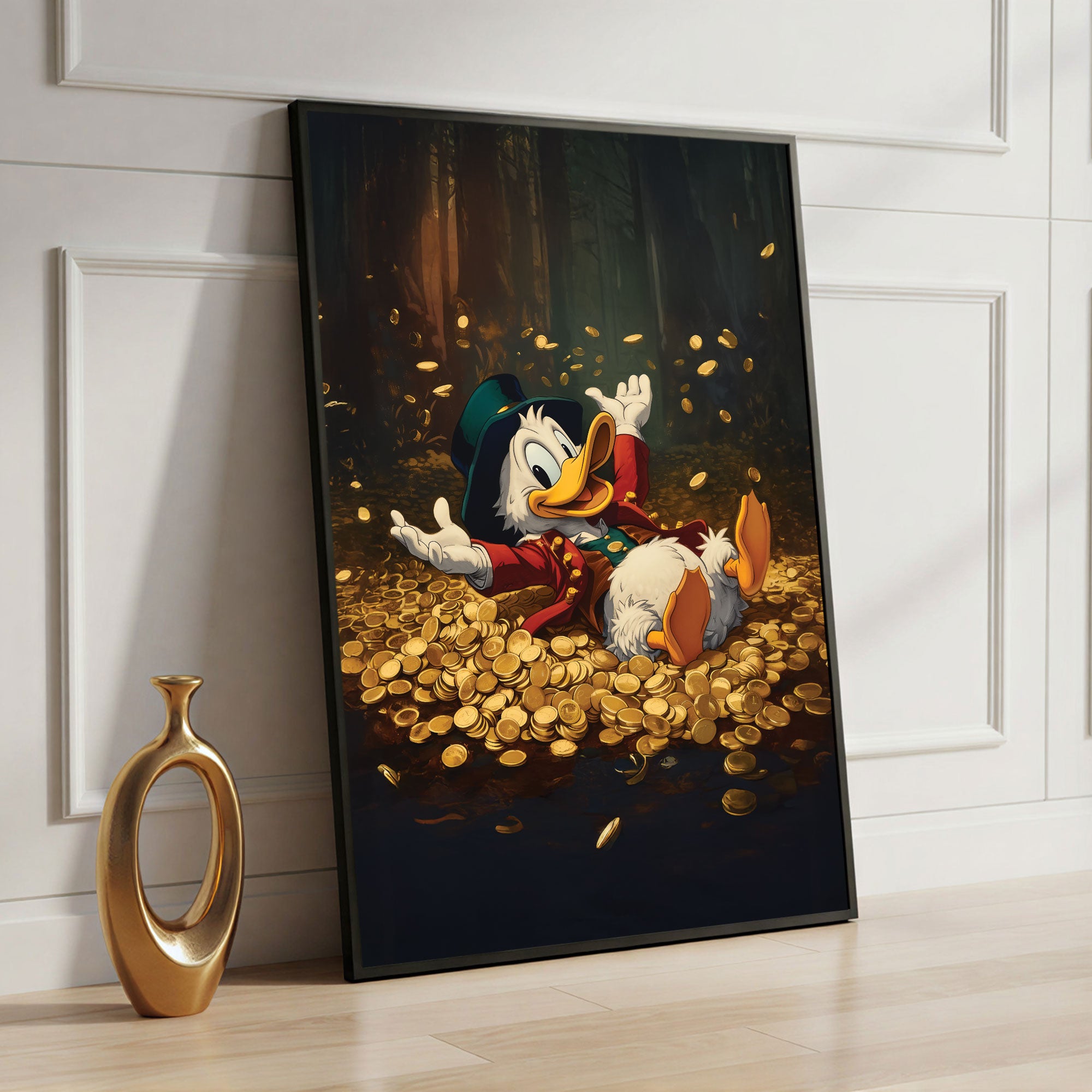 The Castle Decor Cartoon Millionaire Duck Wall Art, Gold Coin Celebration Fantasy Artwork with Premium Sparkle Finish, 20×30 Inch Wall Décor for Kids Room