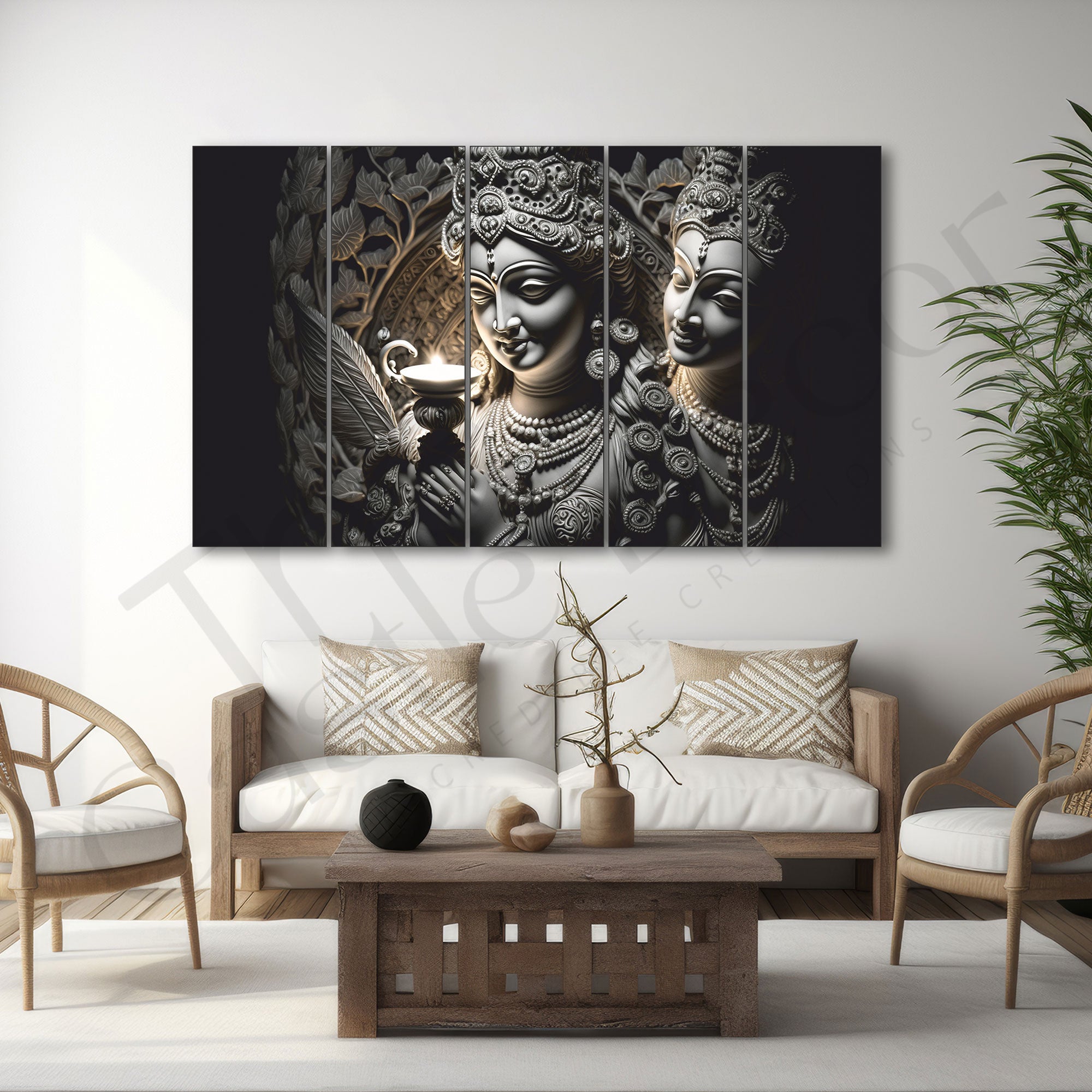 Radha.krishan Set of 5 Big Size Multiple Frames Wall Art Painting for living room,Bedroom,Drawing room,Hotels-Wooden Framed-Digital Painting