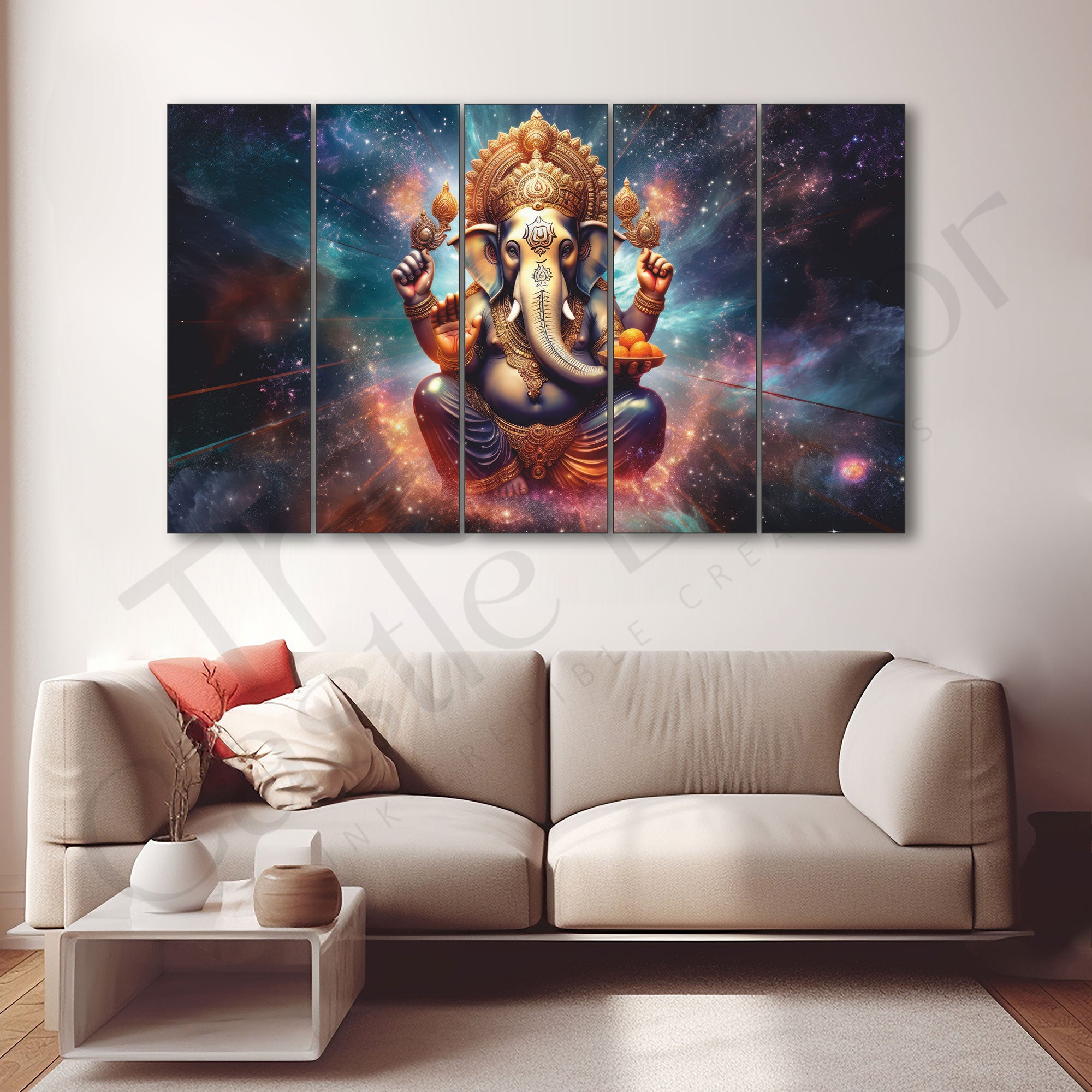 Ganesha Set of 5 Big Size Multiple Frames Wall Art Painting for living room,Bedroom,Drawing room,Hotels-Wooden Framed-Digital Painting