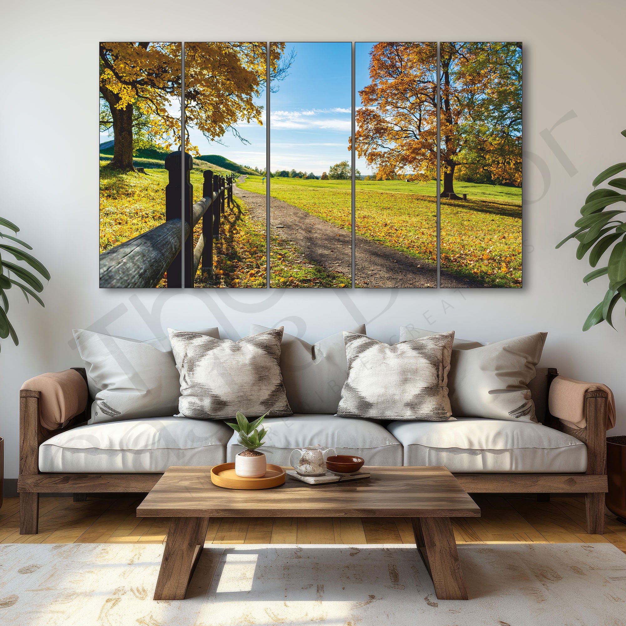 Trees near the road with the hills in autumn Set of 5 Big Size Multiple Frames Wall Art Painting for living room,Bedroom,Drawing room,Hotels-Wooden Framed-Digital Painting