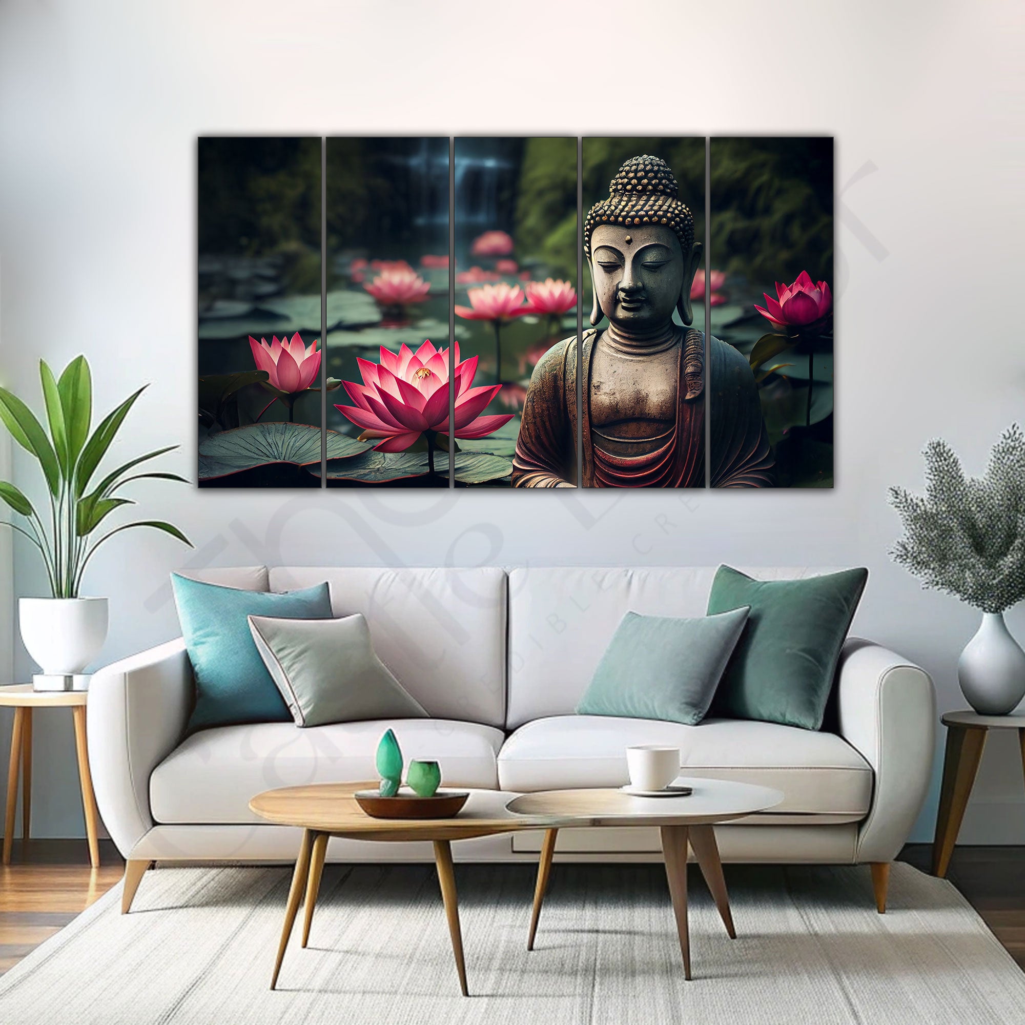 Lord Buddha with Lotus Set of 5 Big Size Multiple Frames Wall Art Painting for living room,Bedroom,Drawing room,Hotels-Wooden Framed-Digital Painting