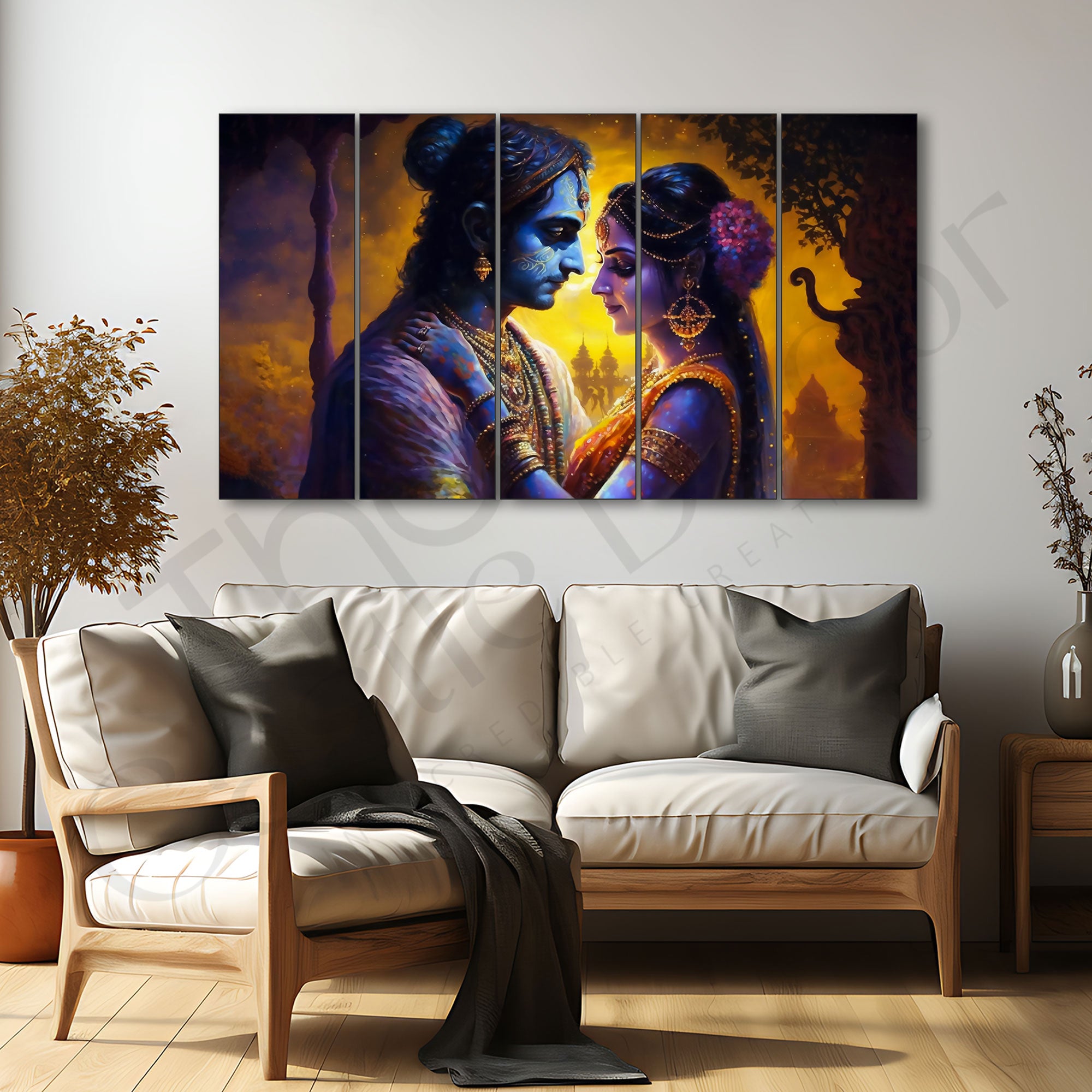 Radha krishan love Set of 5 Big Size Multiple Frames Wall Art Painting for living room,Bedroom,Drawing room,Hotels-Wooden Framed-Digital Painting