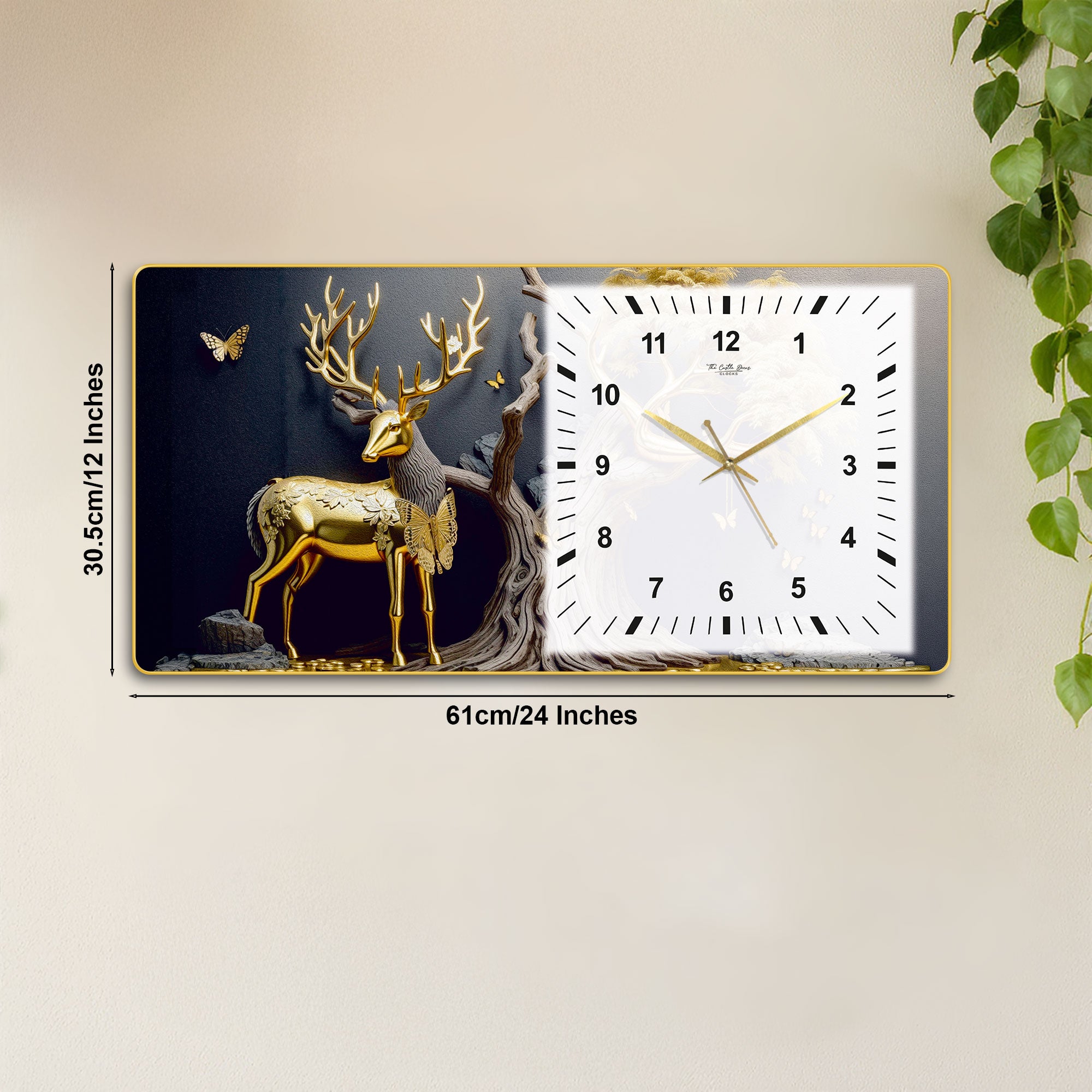 The Castle Decor Golden Deer Decorative Wall Clock 24x12 Inch, Silent Sweep Non-Ticking Modern Wall Clock with Golden Slim Frame