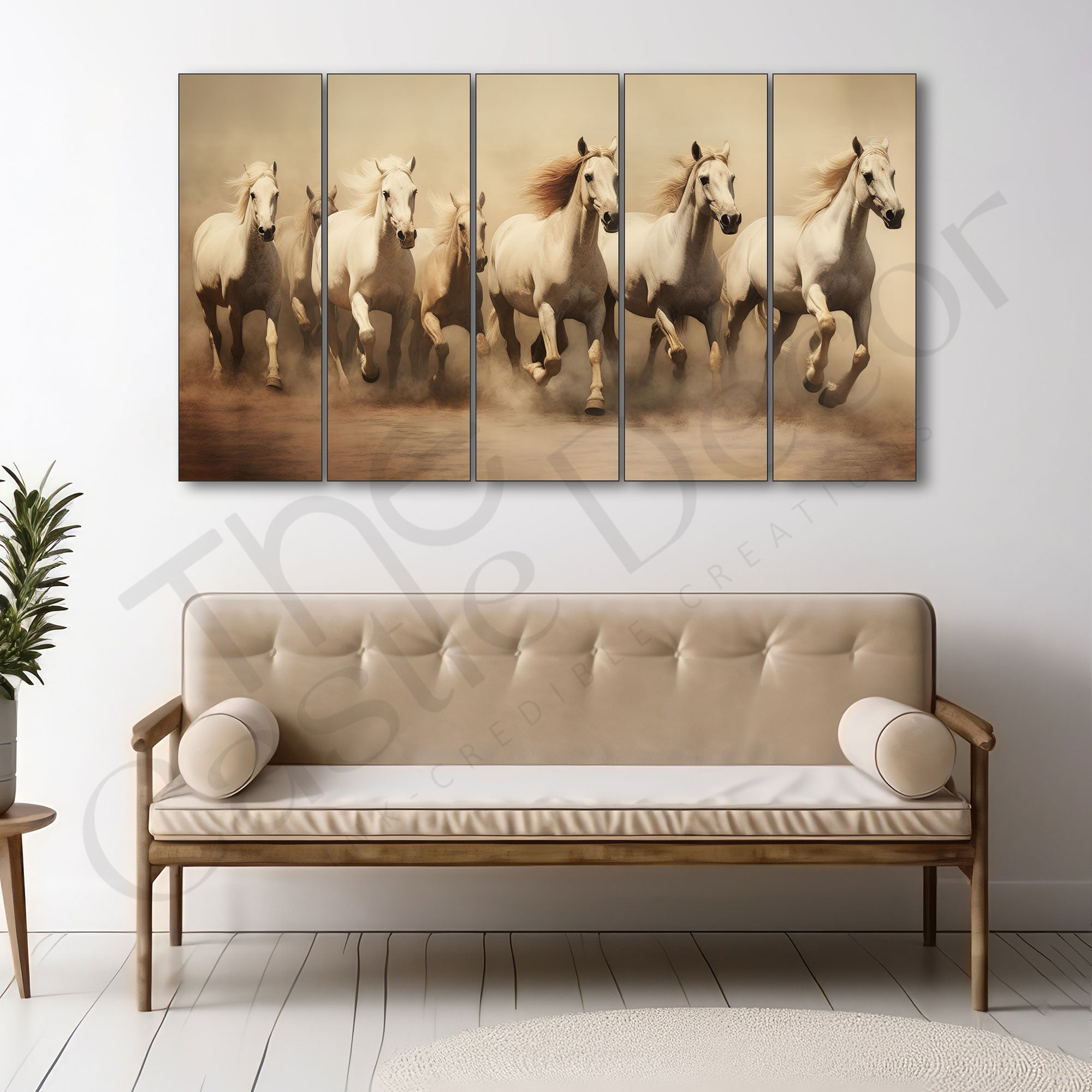 Vastu 7 running horse Set of 5 Big Size Multiple Frames Wall Art Painting for living room,Bedroom,Drawing room,Hotels-Wooden Framed-Digital Painting