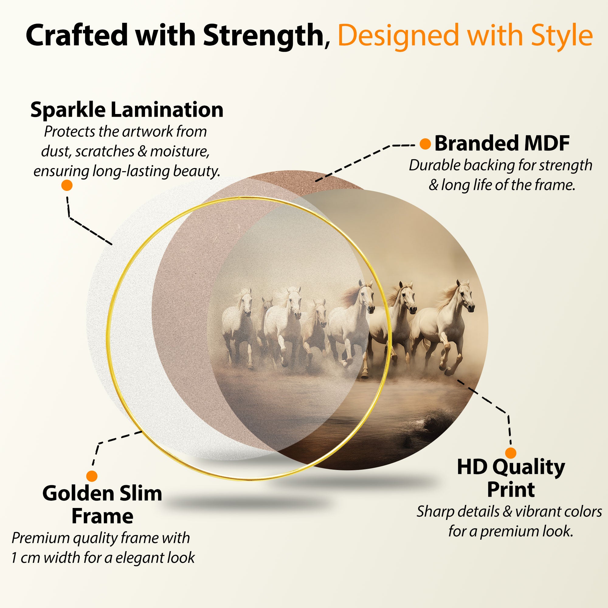 The Castle Decor 7 Running Horses Vastu Round Wall Art | Positive Energy Golden Frame Painting for Home, Hotel, Office & Gift Décor