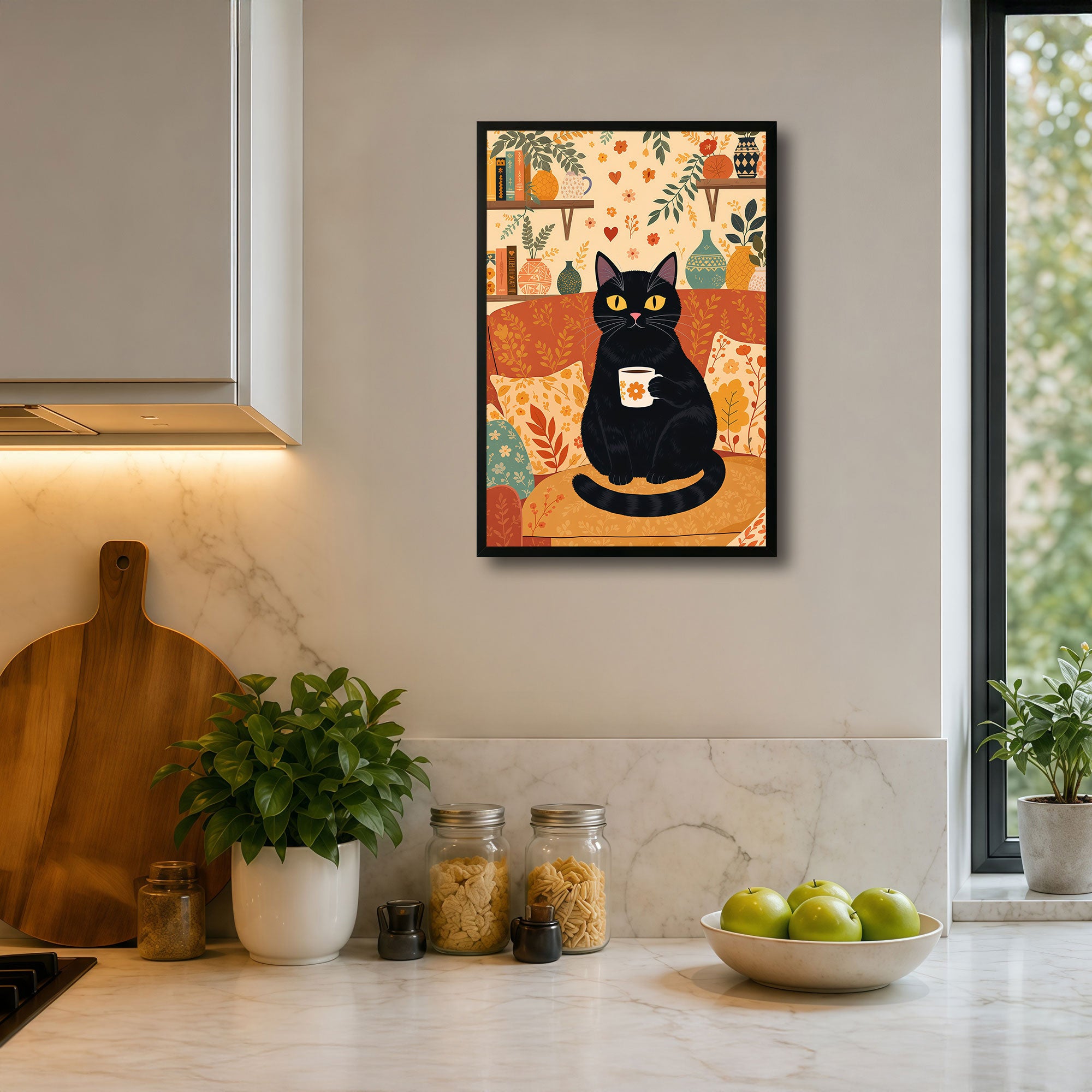 The Castle Decor Cute Black Cat Coffee Wall Art Frame | Cozy Kitchen & Dining Decor | Sparkle Finish MDF Painting with Premium Fiber Frame for Home