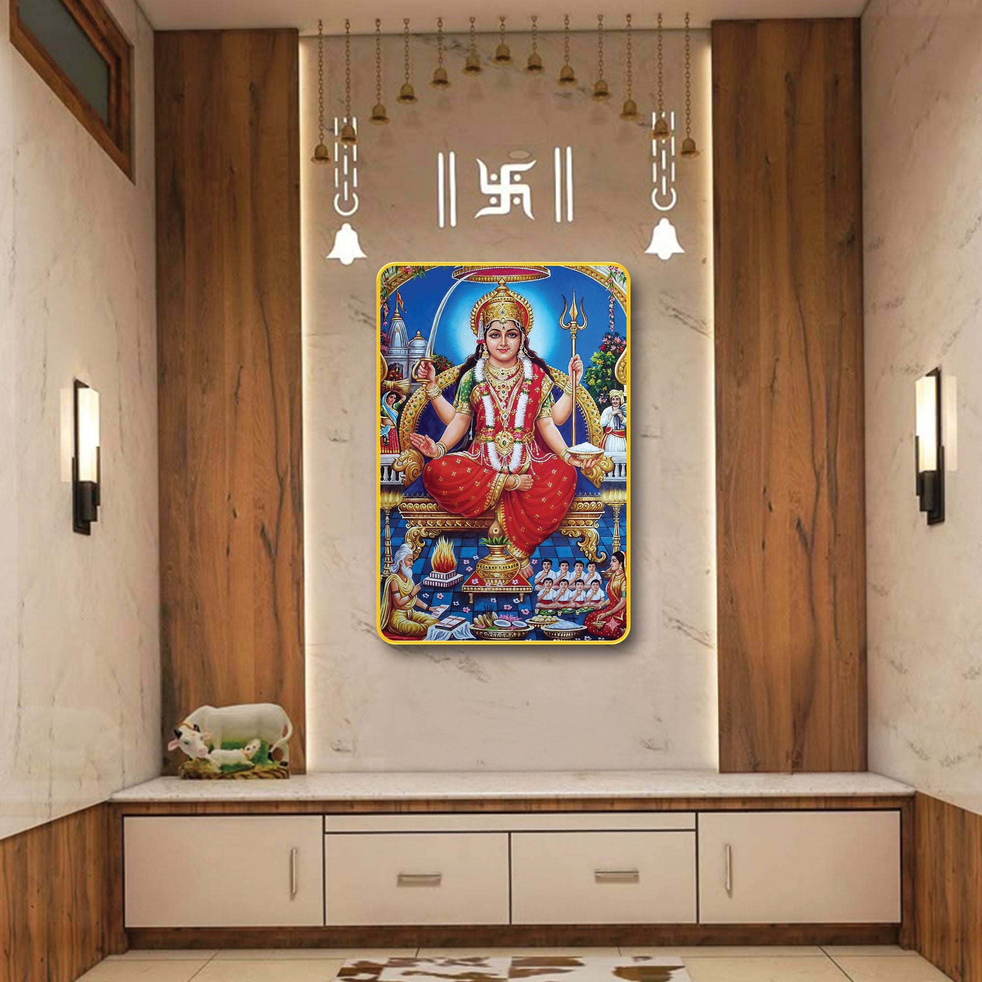 The Castle Decor Maa Santoshi Wall Frame | Sparkle Laminated on Digital Print with Golden Slim Frame | Sacred Wall Art for Pooja Room, Temple & Home Décor 20X30