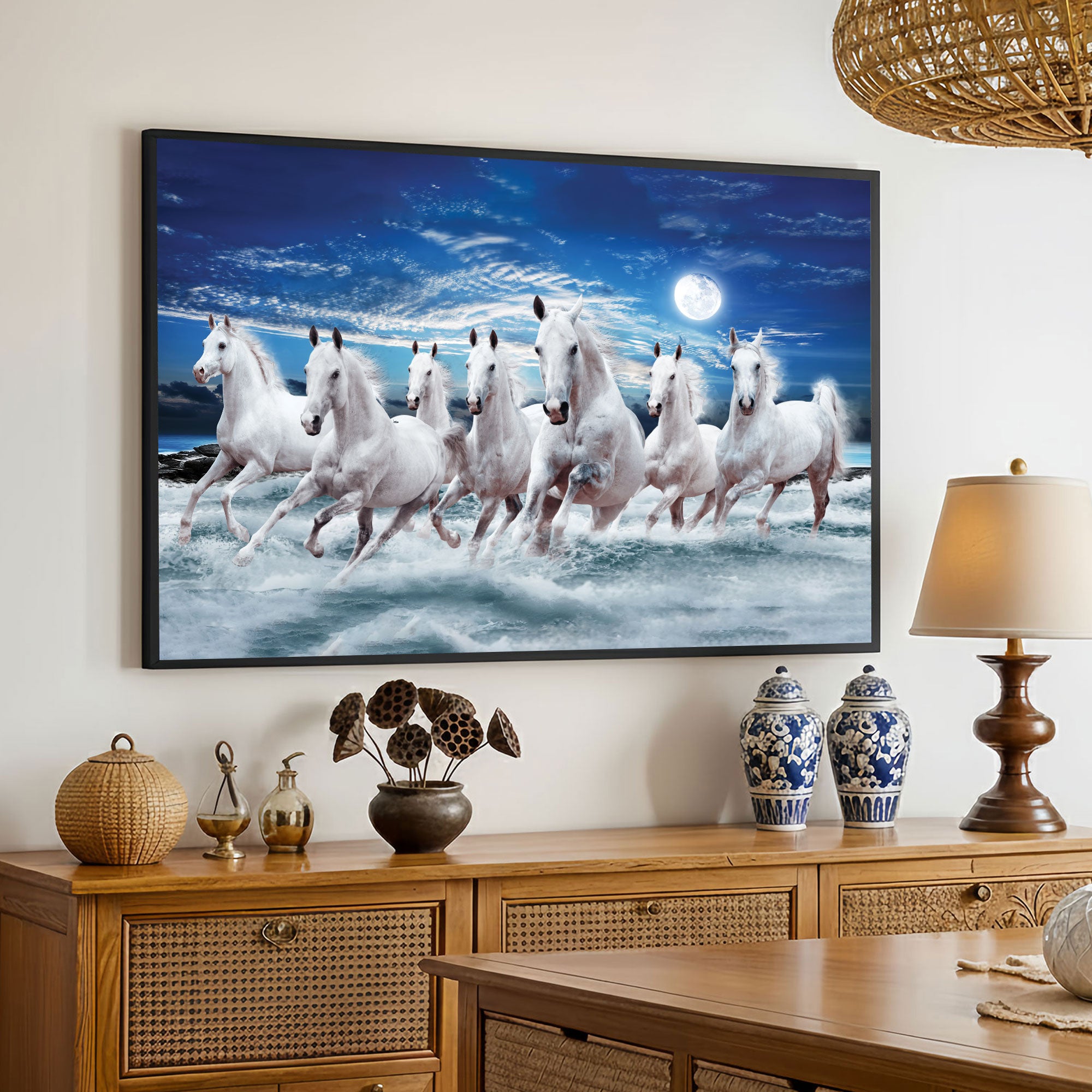 The Castle Decor 7 Running White Horses Wall Painting, Sunrise Sunset Theme, Vastu Wall Art for Living Room, Office, Bedroom Decor 20X30 inch -1006