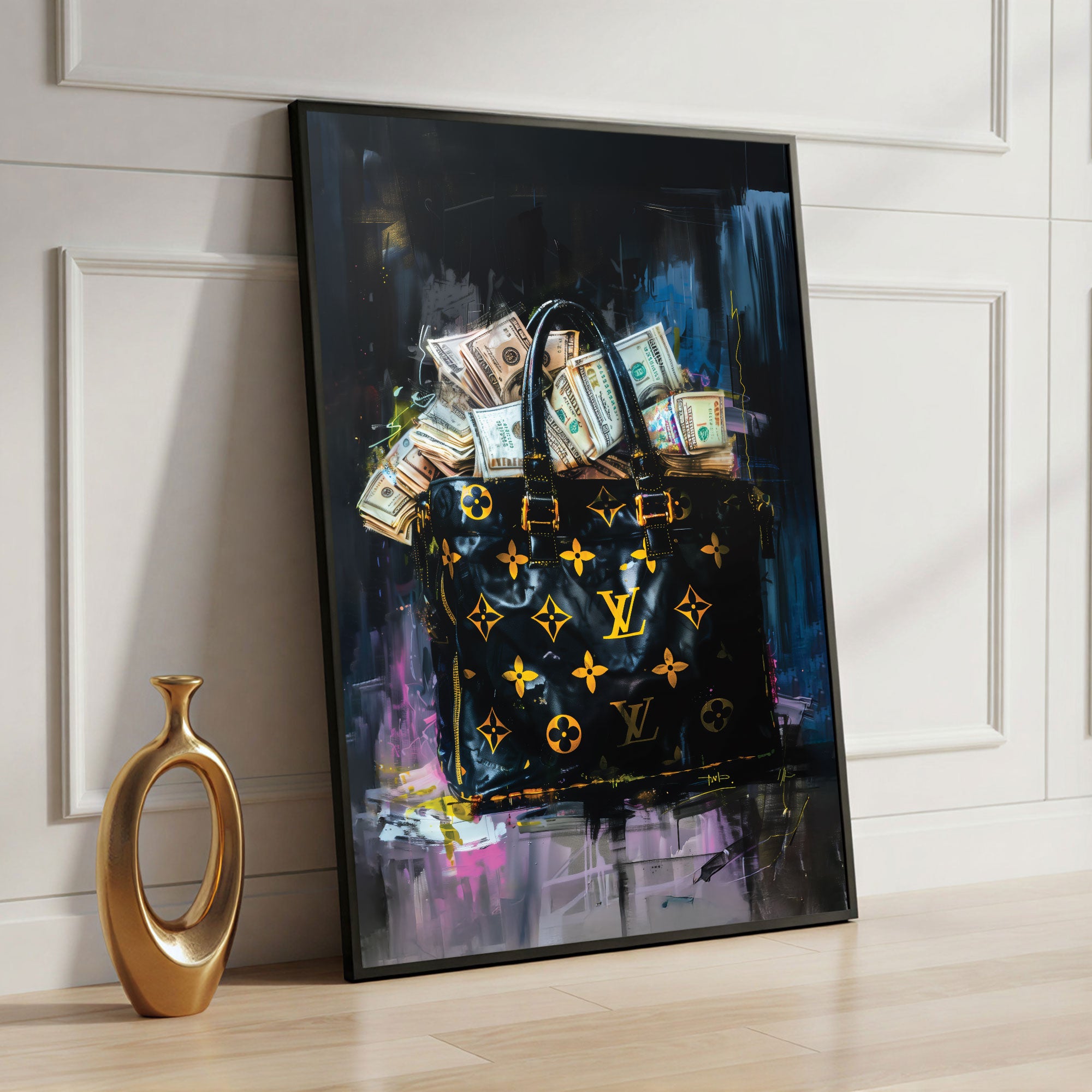 The Castle Decor Luxury Money Bag Wall Art Poster, Designer Fashion Inspired Wealth Abstract Artwork with Premium Sparkle Finish, 20×30 Inch Wall Décor for Office & Man Cave