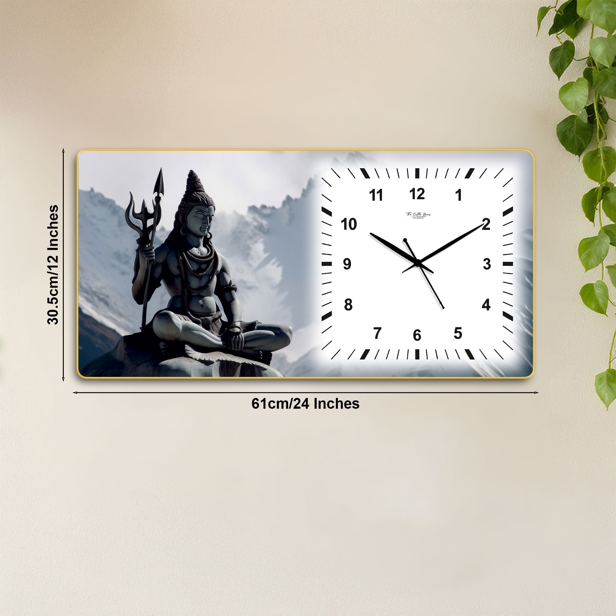 The Castle Decor Lord Shiva Meditation Decorative Wall Clock 24x12 Inch, Silent Sweep Non-Ticking Modern Wall Clock with Golden Slim Frame
