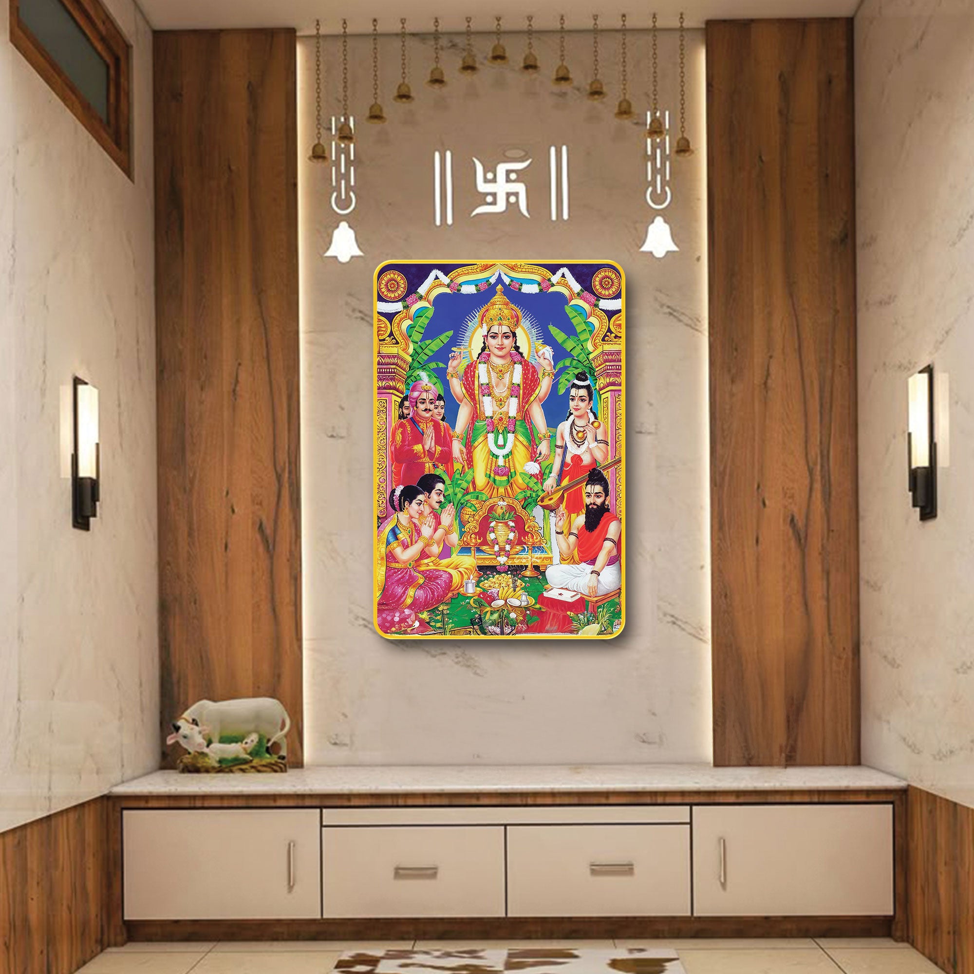 The Castle Decor Divine Lord Satyanarayan Sparkle Digital Print | Premium Golden Slim Frame | Sacred Hindu God Wall Decor for Home, Office & Temple 20X30 Inches