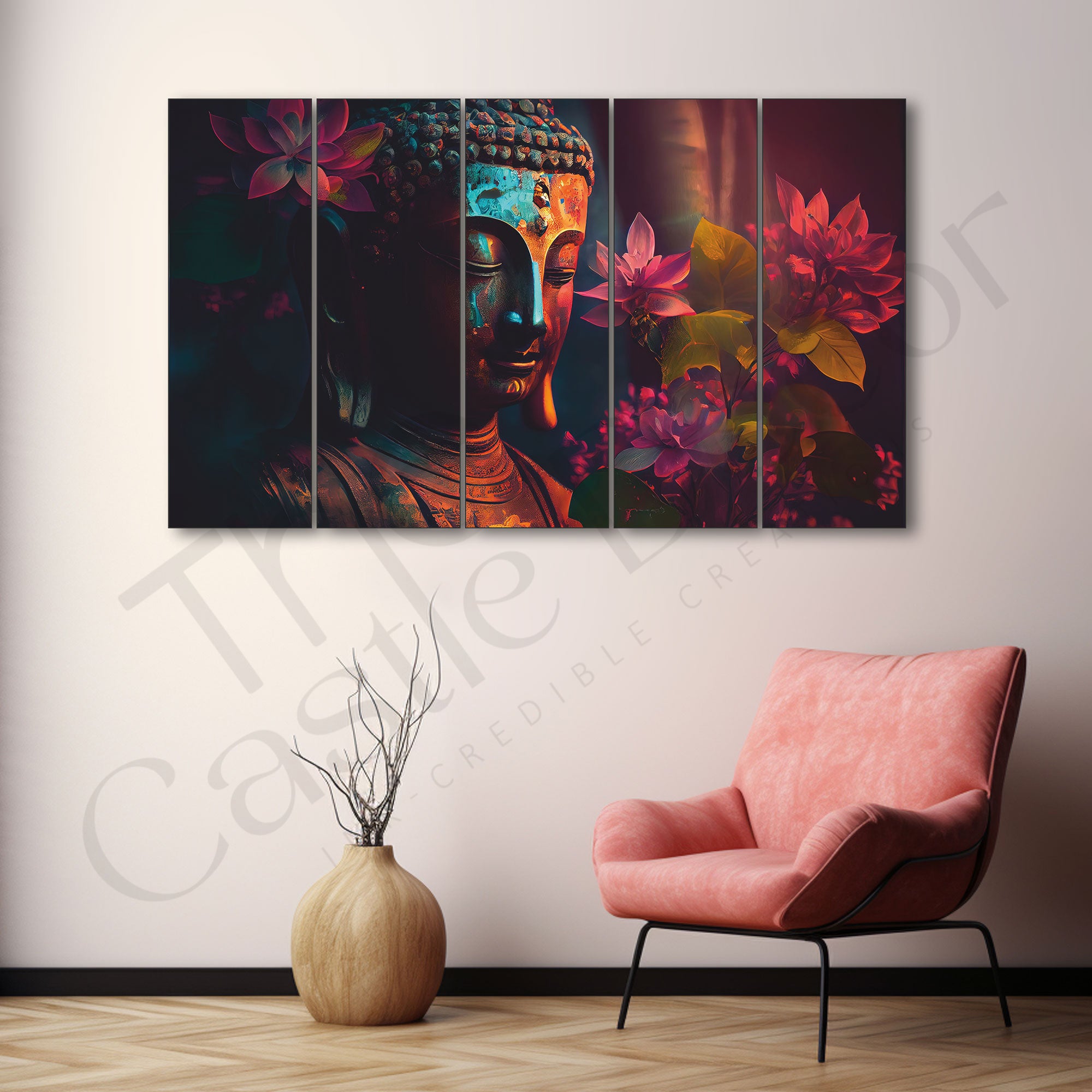 lord Budha Beautiful flowers Set of 5 Big Size Multiple Frames Wall Art Painting for living room,Bedroom,Drawing room,Hotels-Wooden Framed-Digital Painting