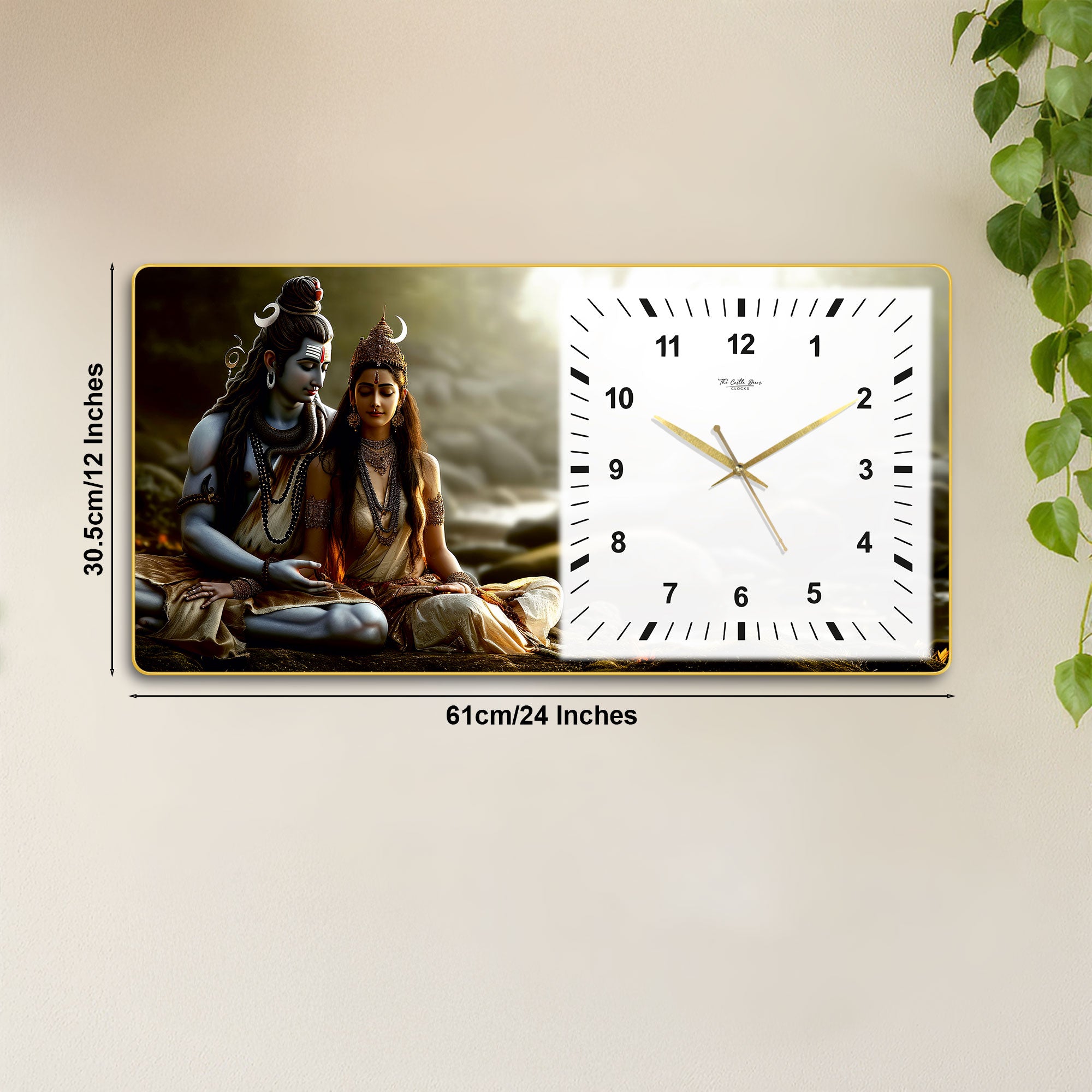 The Castle Decor Shiv Parvati Decorative Wall Clock 24x12 Inch, Silent Sweep Non-Ticking Modern Wall Clock with Golden Slim Frame