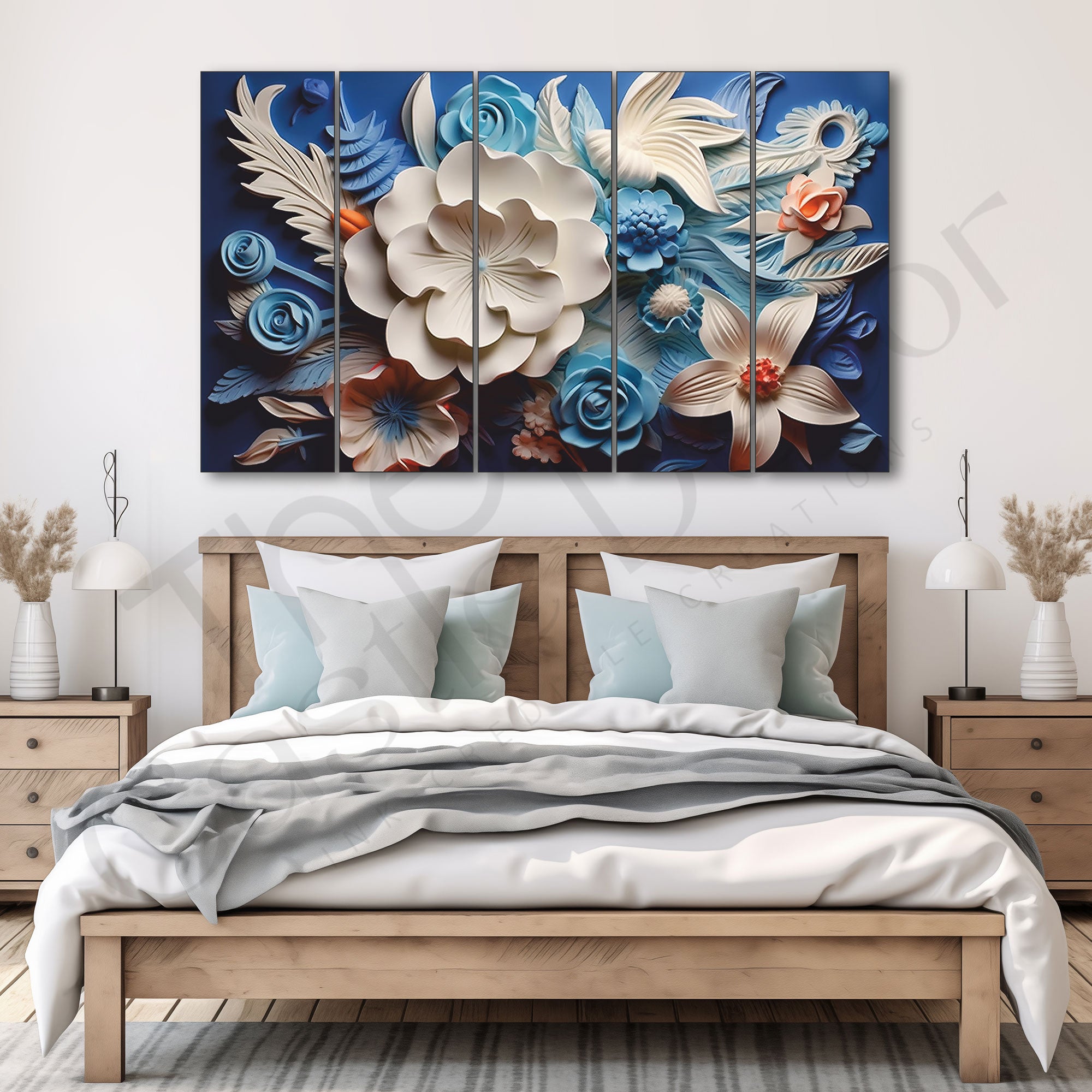 Multi color flowers Set of 5 Big Size Multiple Frames Wall Art Painting for living room,Bedroom,Drawing room,Hotels-Wooden Framed-Digital Painting