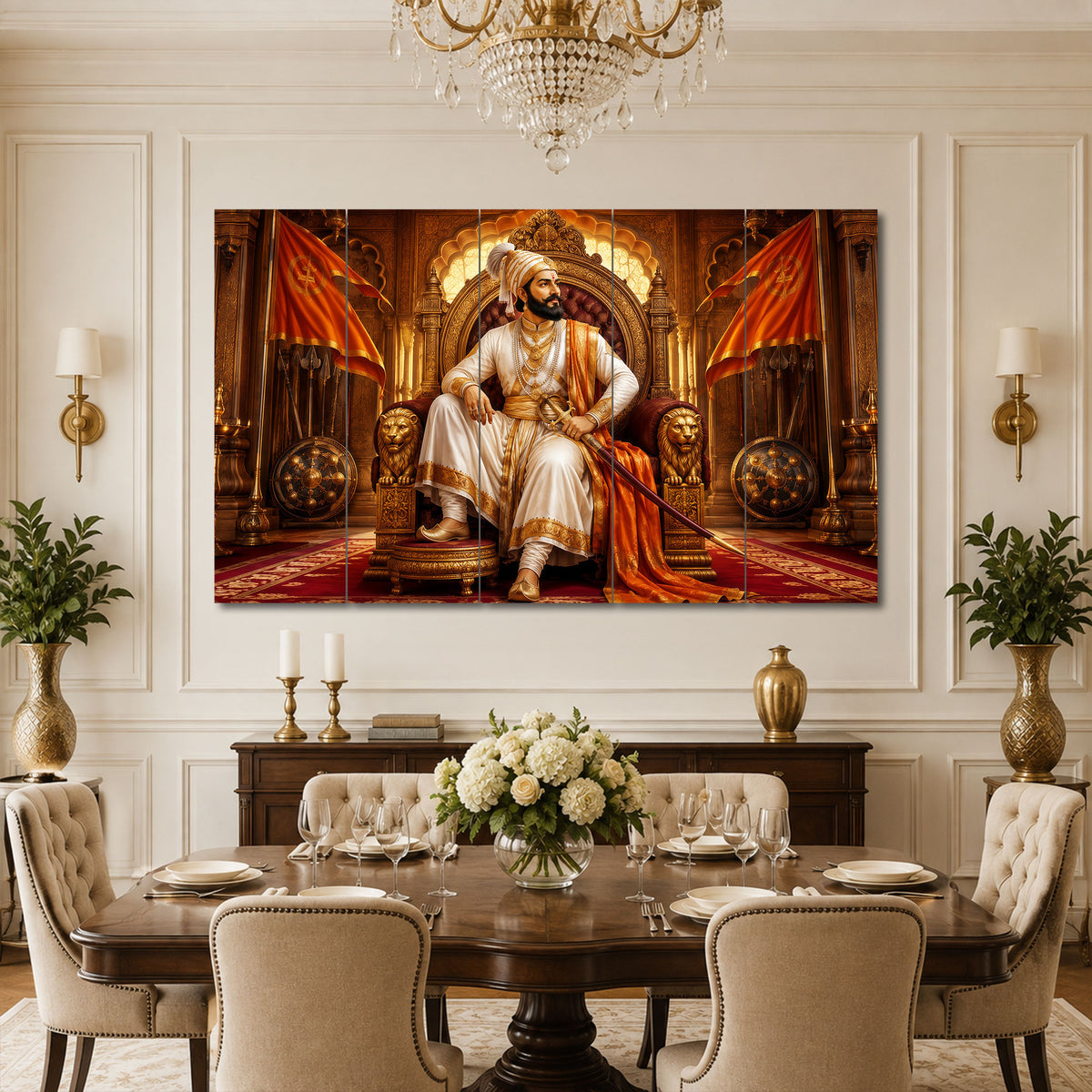 The Castle Decor Chhatrapati Shivaji Maharaj 5 Panel Sparkle Finish Wall Painting for Living Room Bedroom Office Home Decoration
