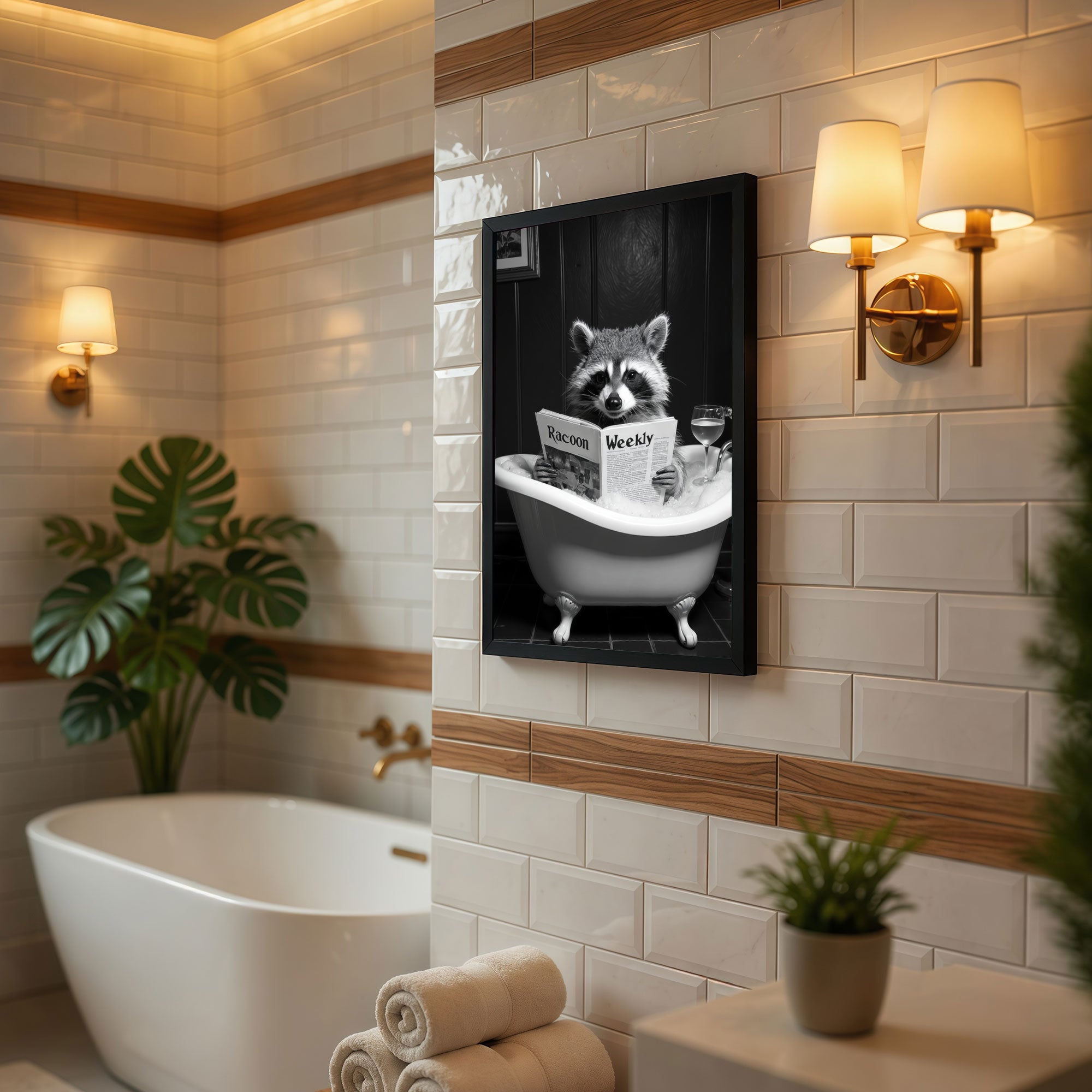 The Castle Decor Funny Raccoon in Bathtub Reading Newspaper Framed Wall Art – Black and White Whimsical Animal in Bubble Bath Framed Poster, Humorous Restroom Decor