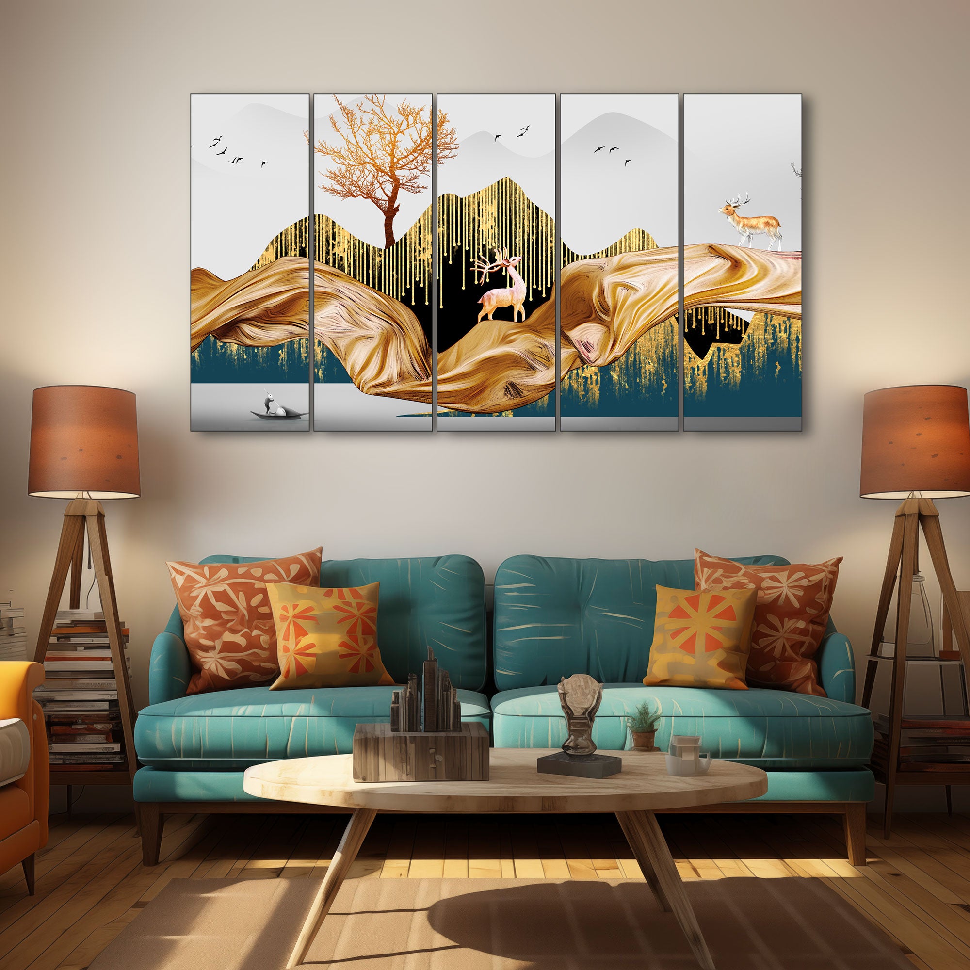 Golden Deer Painting with frame Big Size Wall Art for living room,Bedroom,Drawing room,Hotels