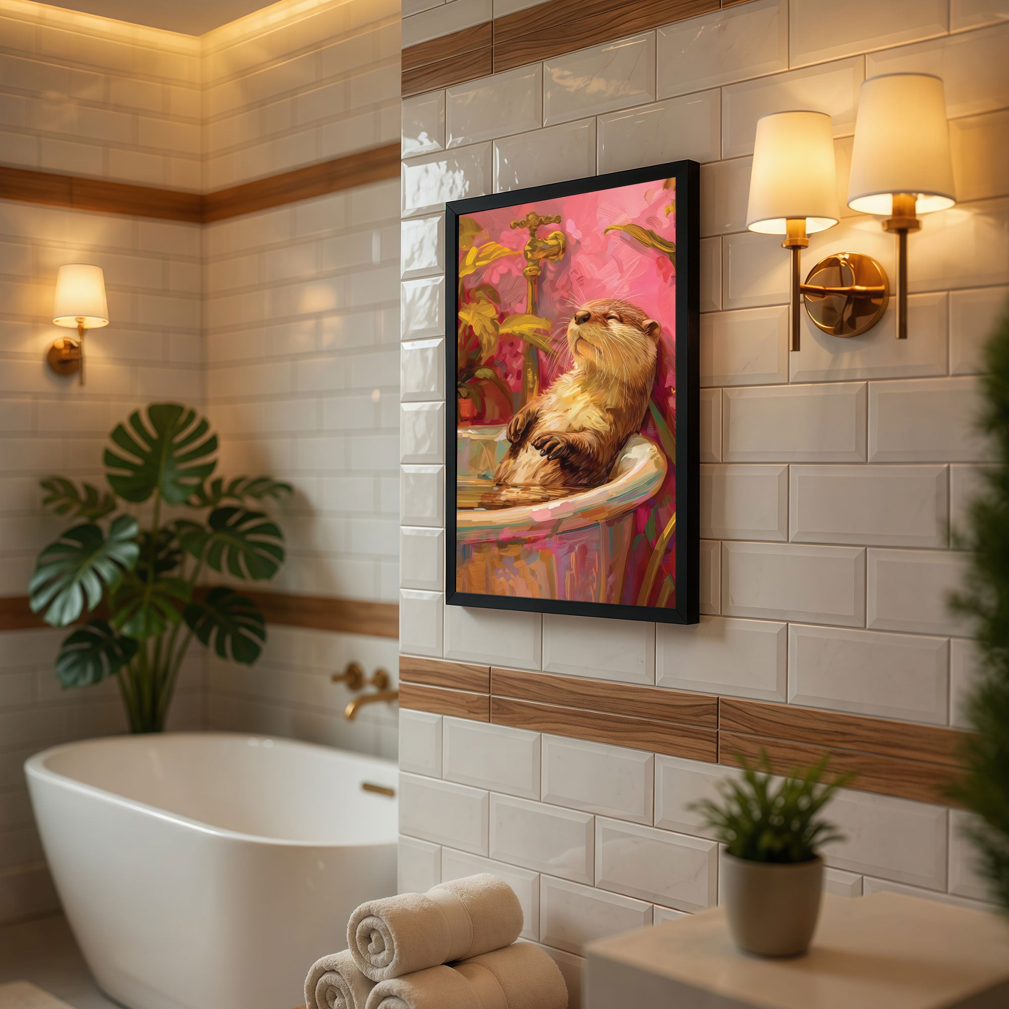 The Castle Decor Relaxing Otter Bathtub Wall Art | Luxury Animal Bathroom Decor | Funny Framed Bathroom Painting | Modern Washroom Artwork