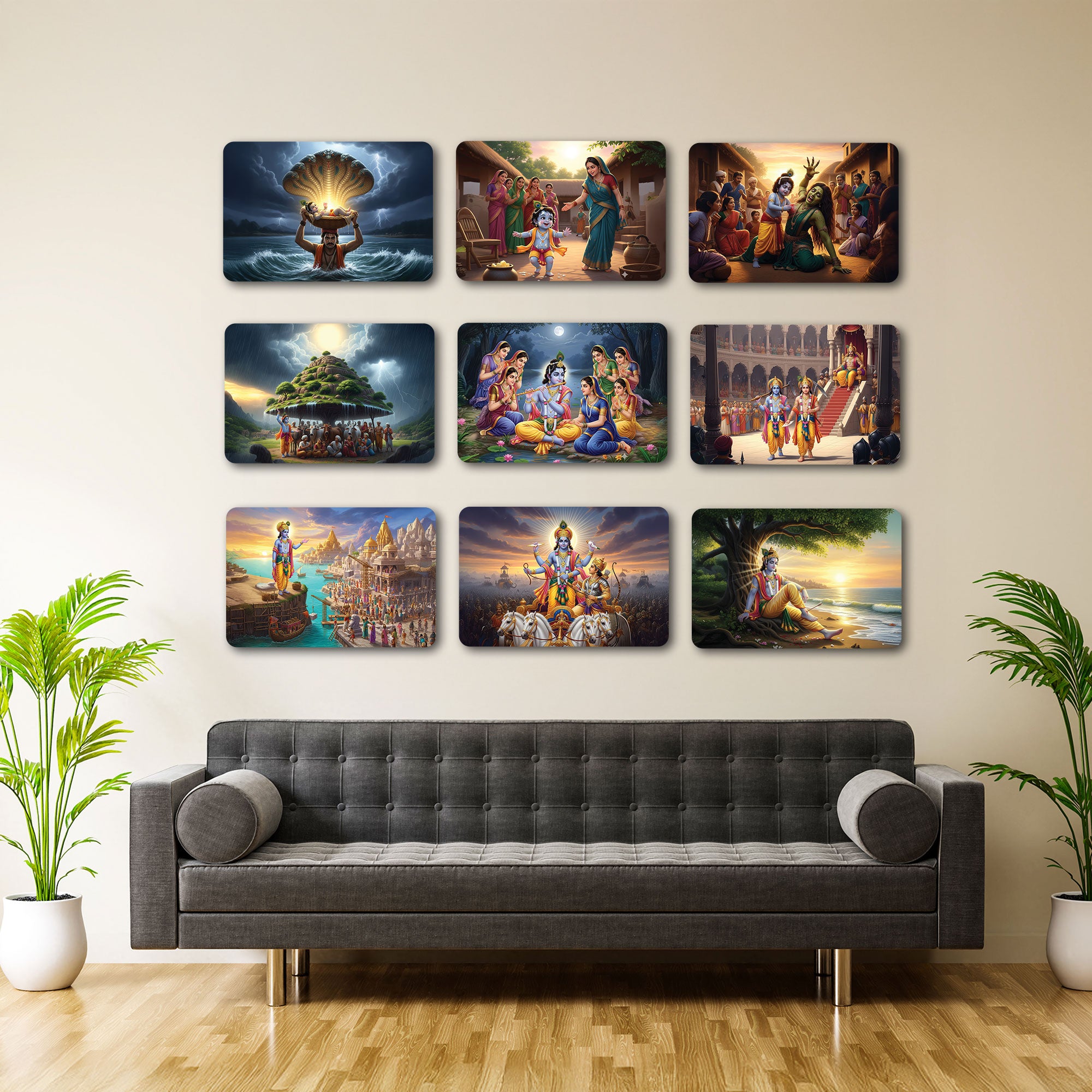 Radha Krishna Wall Plates – Set of 9 Round Decorative Spiritual Art Pieces for Home & Prayer Room