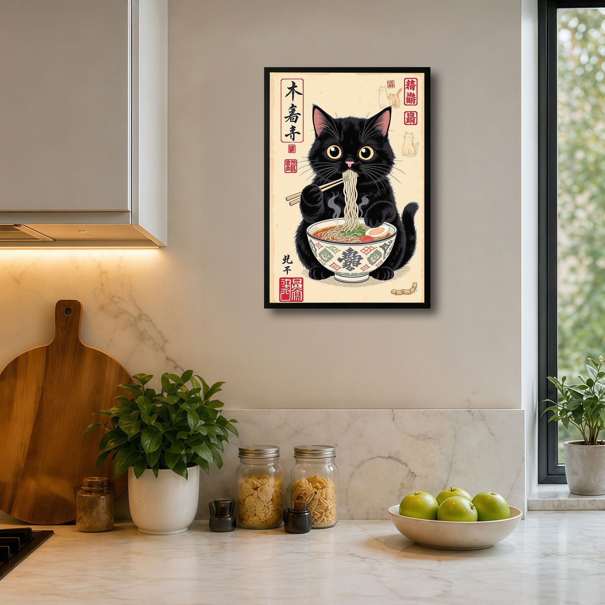 The Castle Decor Cute Cat Eating Ramen Wall Art Frame | Japanese Kitchen Decor | Sparkle Finish Painting with Premium Fiber Frame for Home, Café & Dining