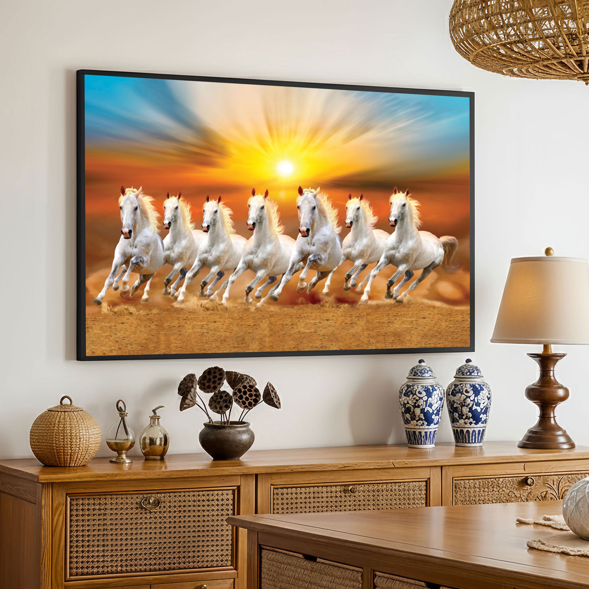 The Castle Decor 7 Running White Horses Wall Painting, Sunrise Sunset Theme, Vastu Wall Art for Living Room, Office, Bedroom Decor 20X30 inch -1005