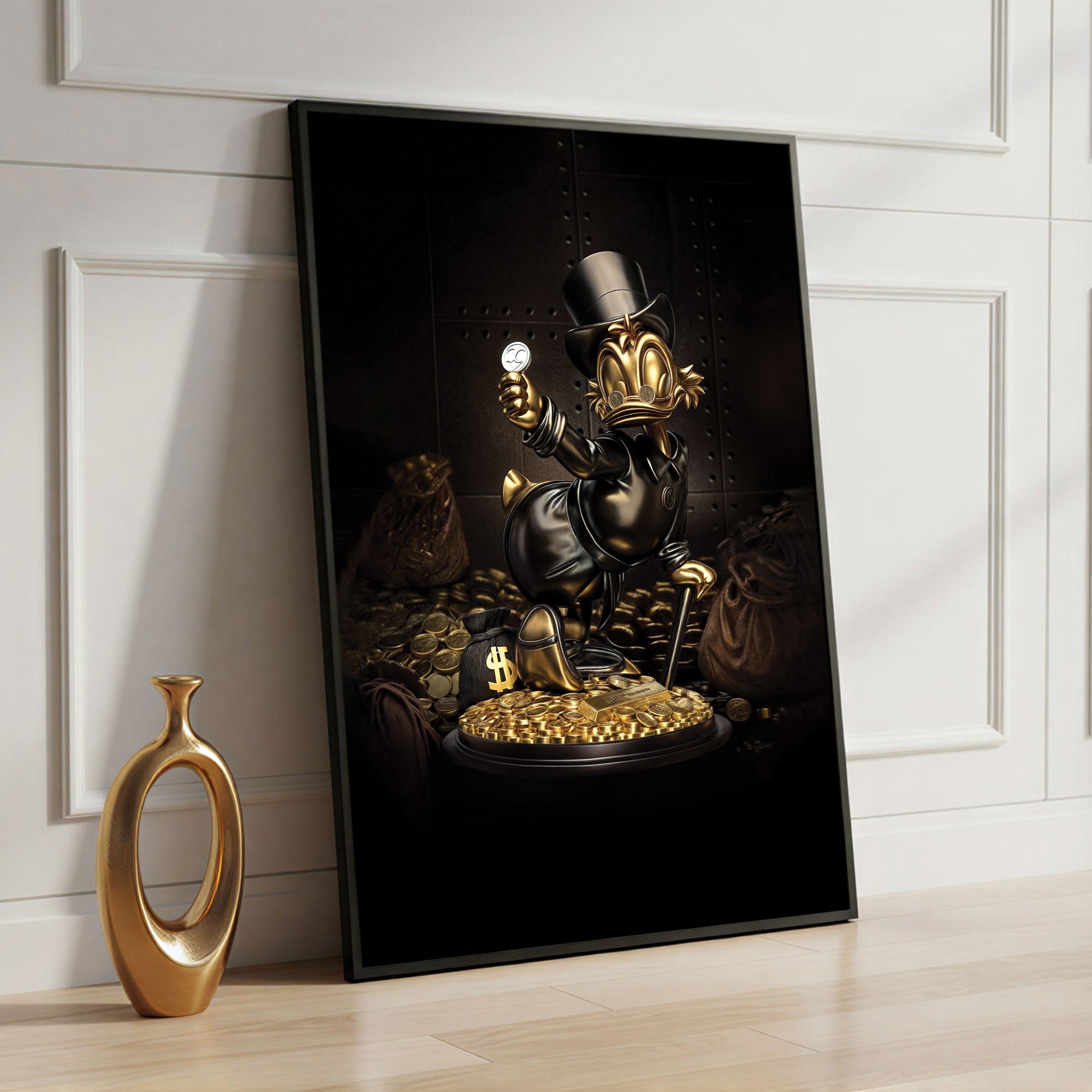 The Castle Decor Golden Billionaire Duck Wall Art, Luxury Cartoon Wealth Abstract Artwork with Premium Sparkle Finish, 20×30 Inch Wall Décor for Office & Man Cave