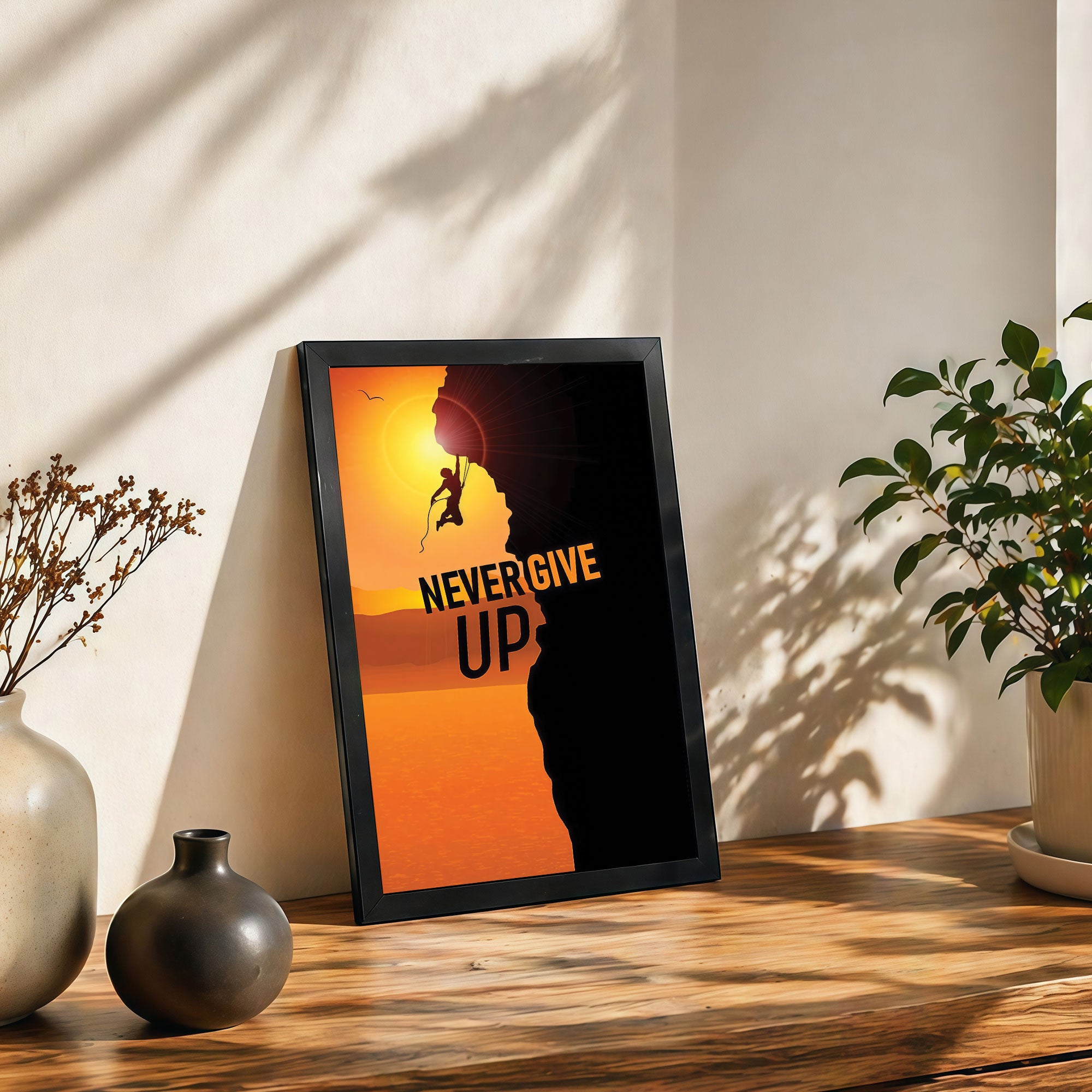 The Castle Decor Never Give Up Wall Art Frame | Inspirational Quote Poster with Climbing Silhouette for Home, Office & Gym Decor
