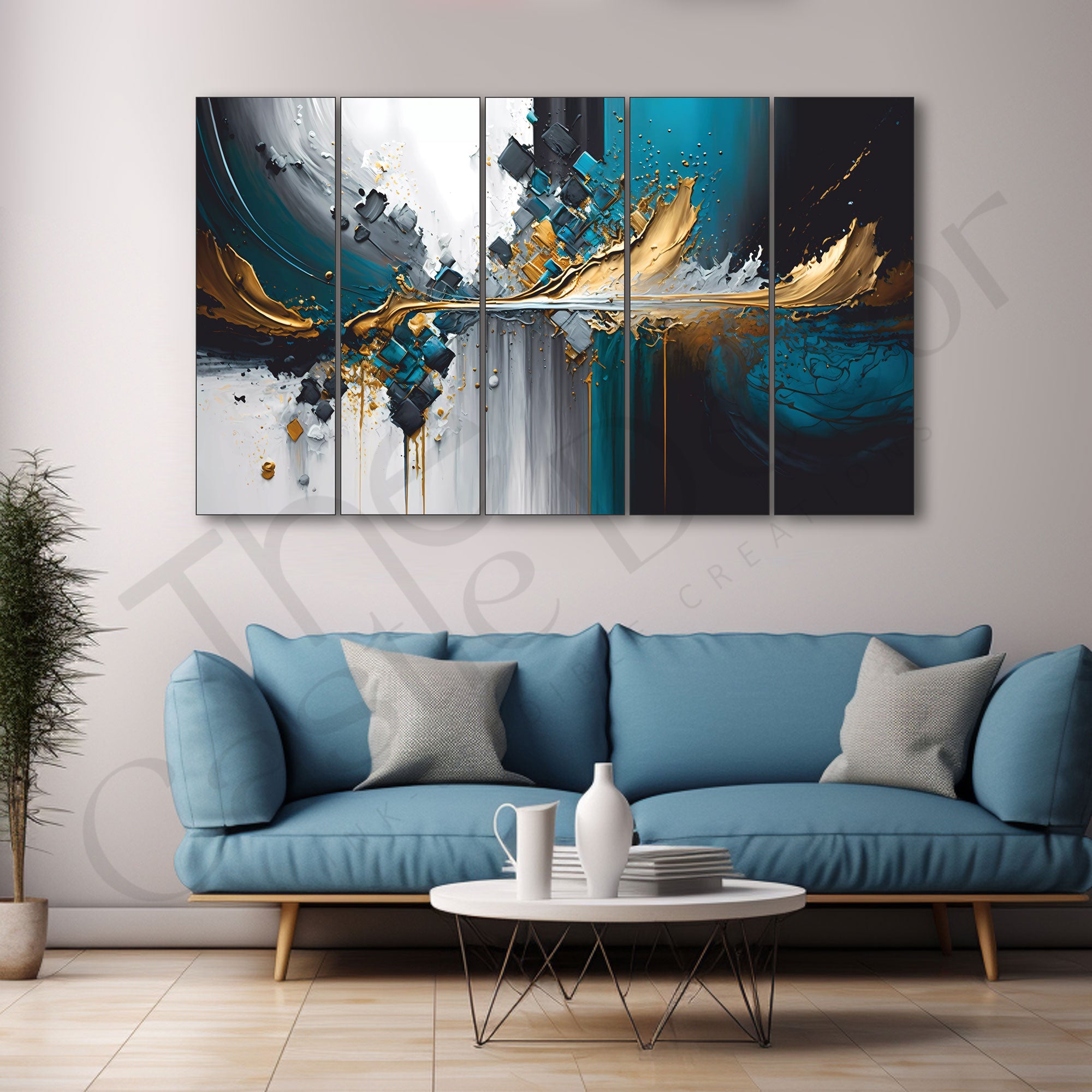 Modern abstract Set of 5 Big Size Multiple Frames Wall Art Painting for living room,Bedroom,Drawing room,Hotels-Wooden Framed-Digital Painting
