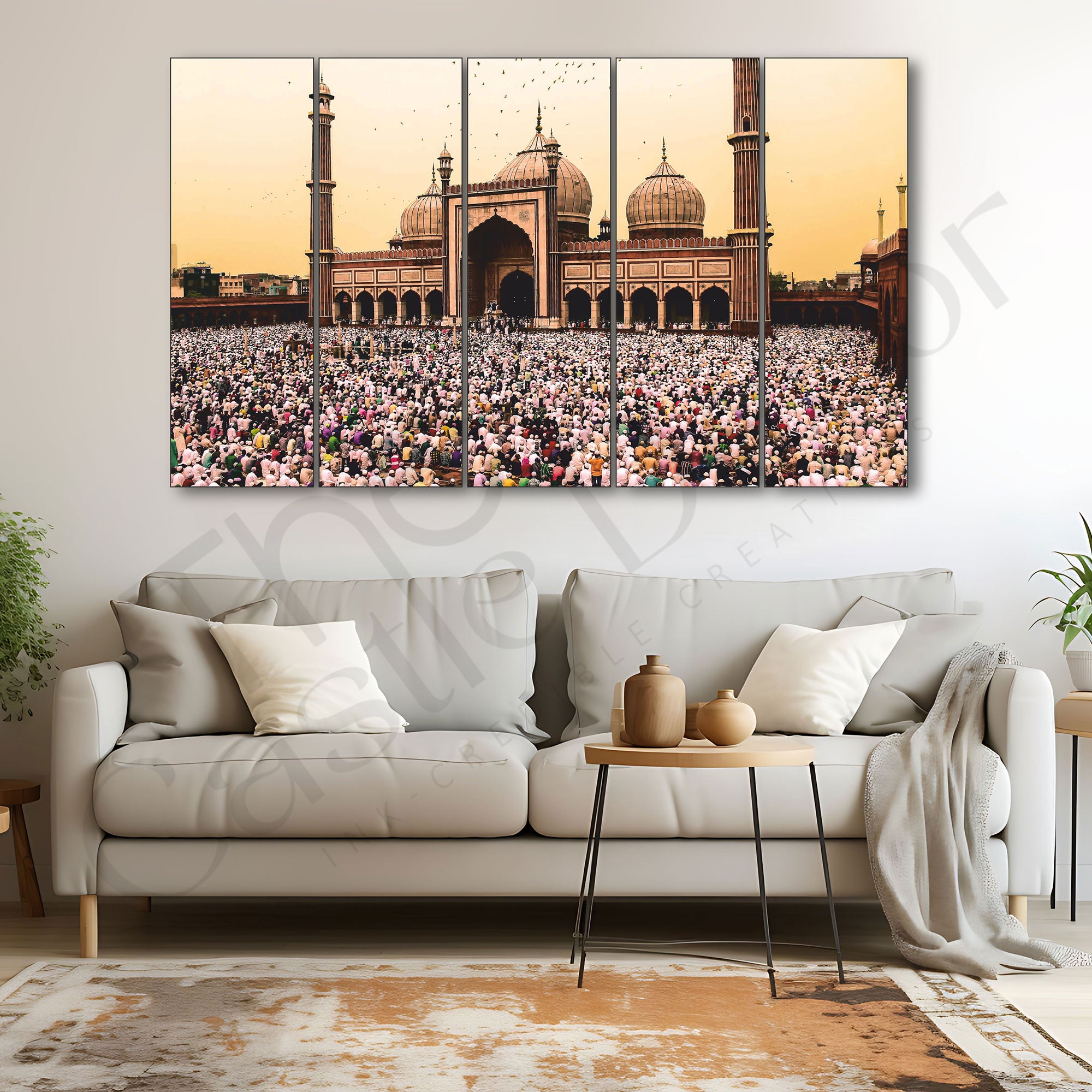 Islamic Ramadan Jama Masjid Set of 5 Big Size Multiple Frames Wall Art Painting for living room,Bedroom,Drawing room,Hotels-Wooden Framed-Digital Painting 27X48