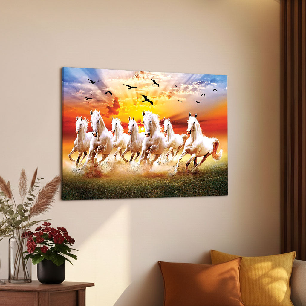 The Castle Decor 7 Running White Horses Wall Painting, Sunrise Sunset Theme, Vastu Wall Art for Living Room, Office, Bedroom Decor 12x18 inch 1003