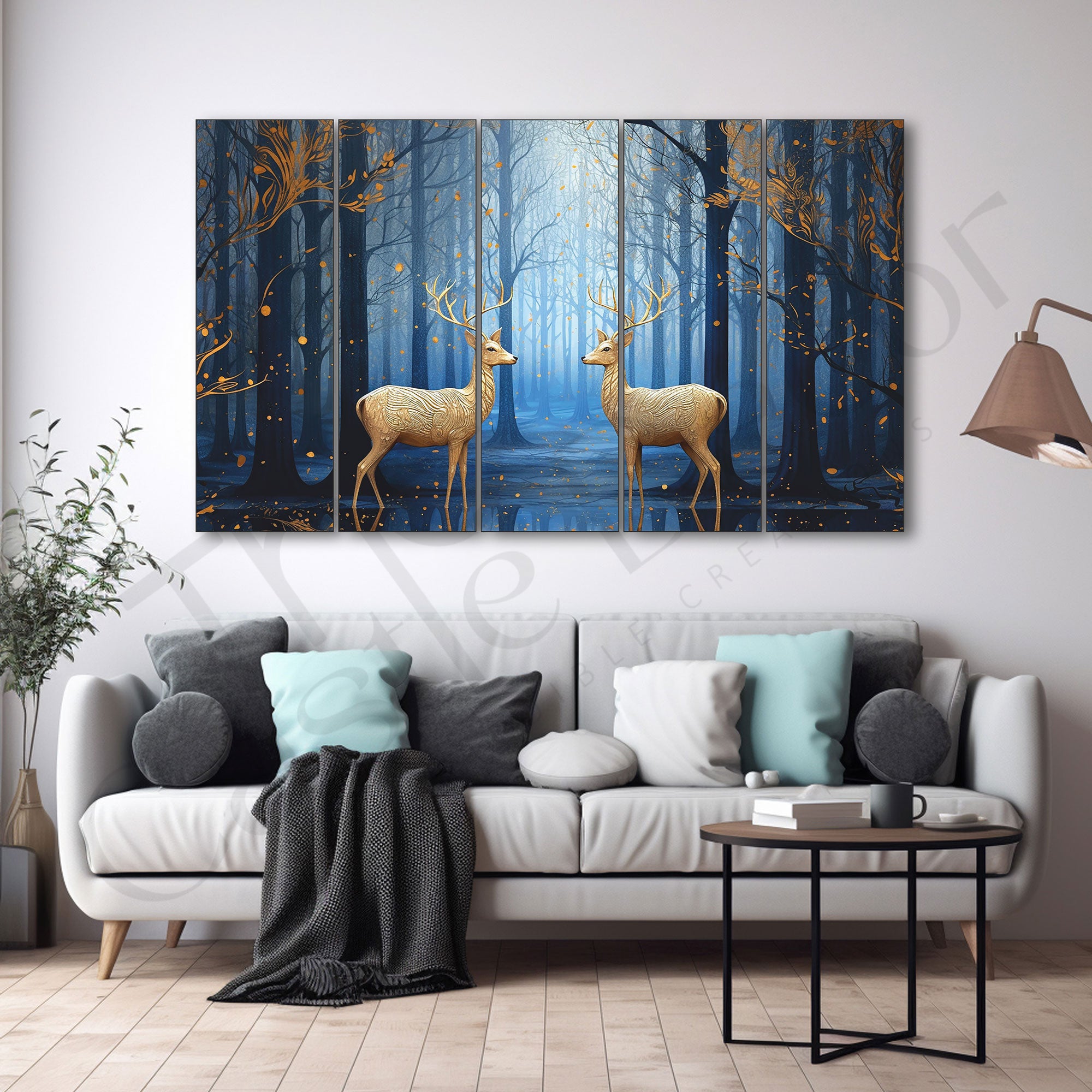 Golden deer wall Set of 5 Big Size Multiple Frames Wall Art Painting for living room,Bedroom,Drawing room,Hotels-Wooden Framed-Digital Painting