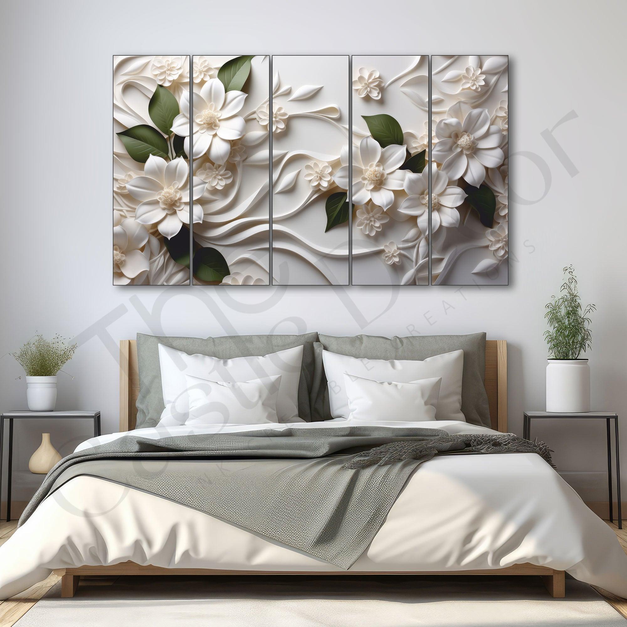 White Flower Painting Set of 5 for Home Decoration