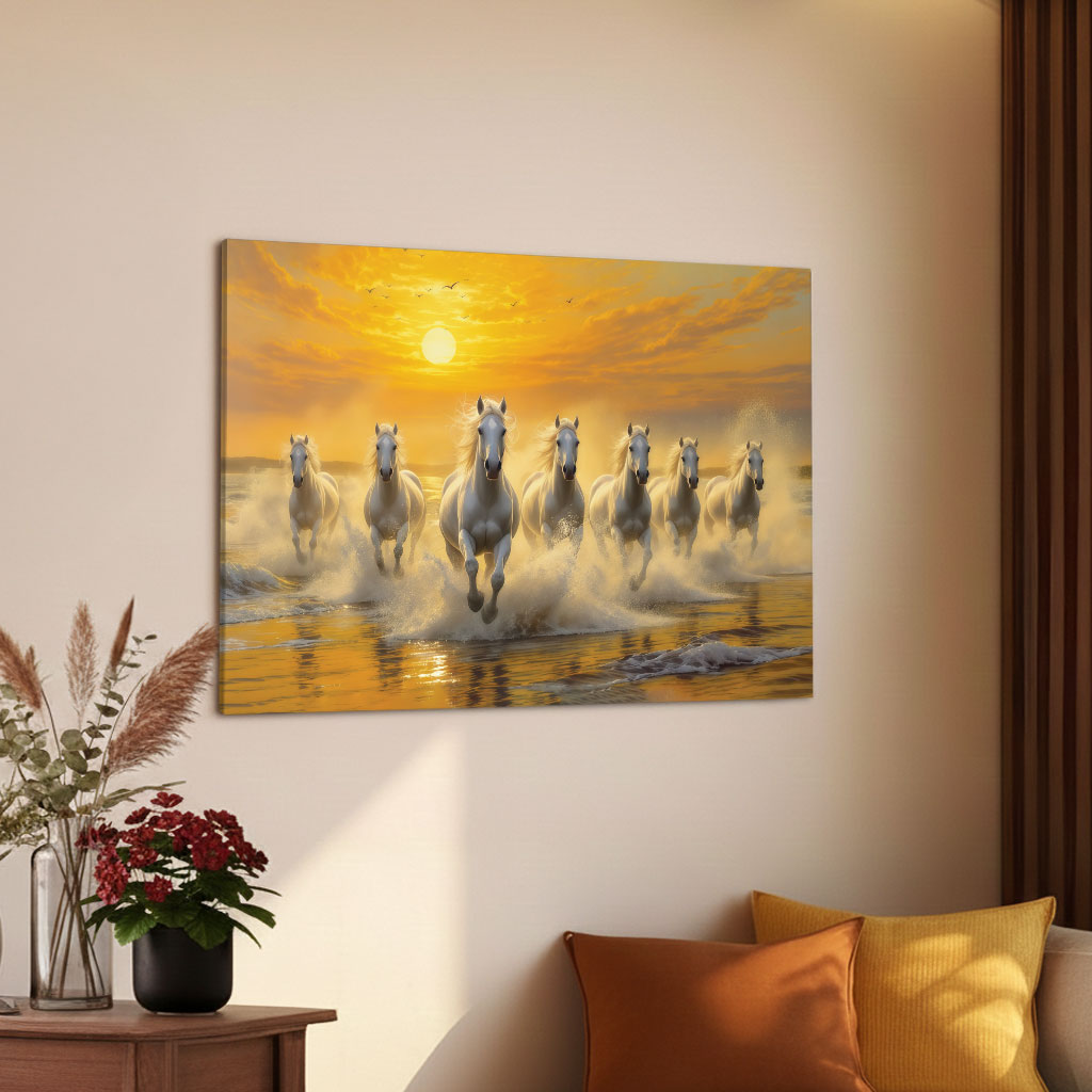 The Castle Decor 7 Running White Horses Wall Painting, Sunrise Sunset Theme, Vastu Wall Art for Living Room, Office, Bedroom Decor 16x24 1002