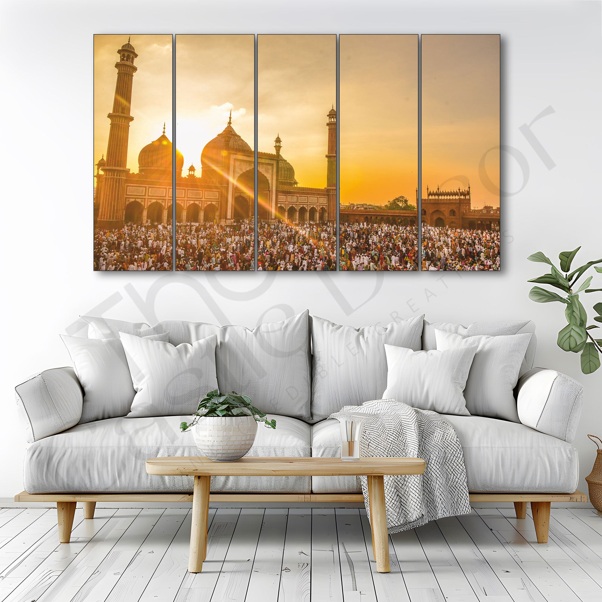 Ramadan Sunset Islam Jama Masjid Set of 5 Big Size Multiple Frames Wall Art Painting for living room,Bedroom,Drawing room,Hotels-Wooden Framed-Digital Painting
