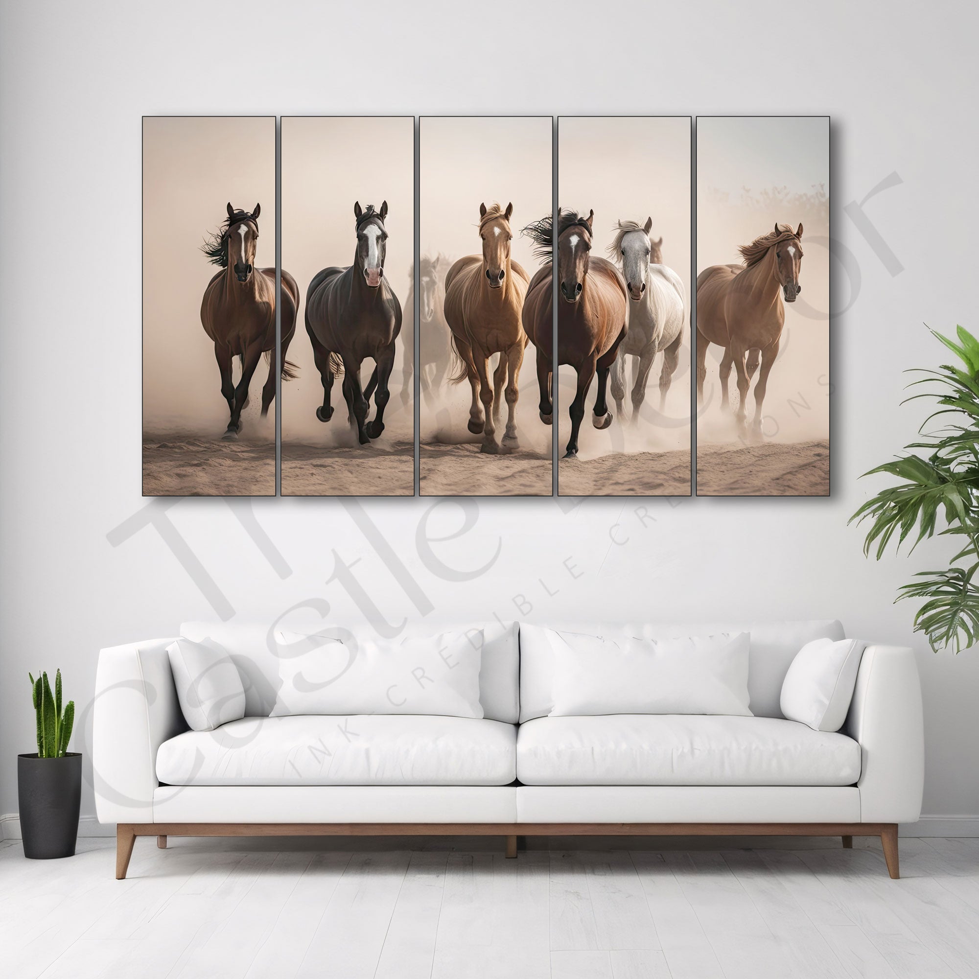 VASTU 7 runing horses Set of 5 Big Size Multiple Frames Wall Art Painting for living room,Bedroom,Drawing room,Hotels-Wooden Framed-Digital Painting