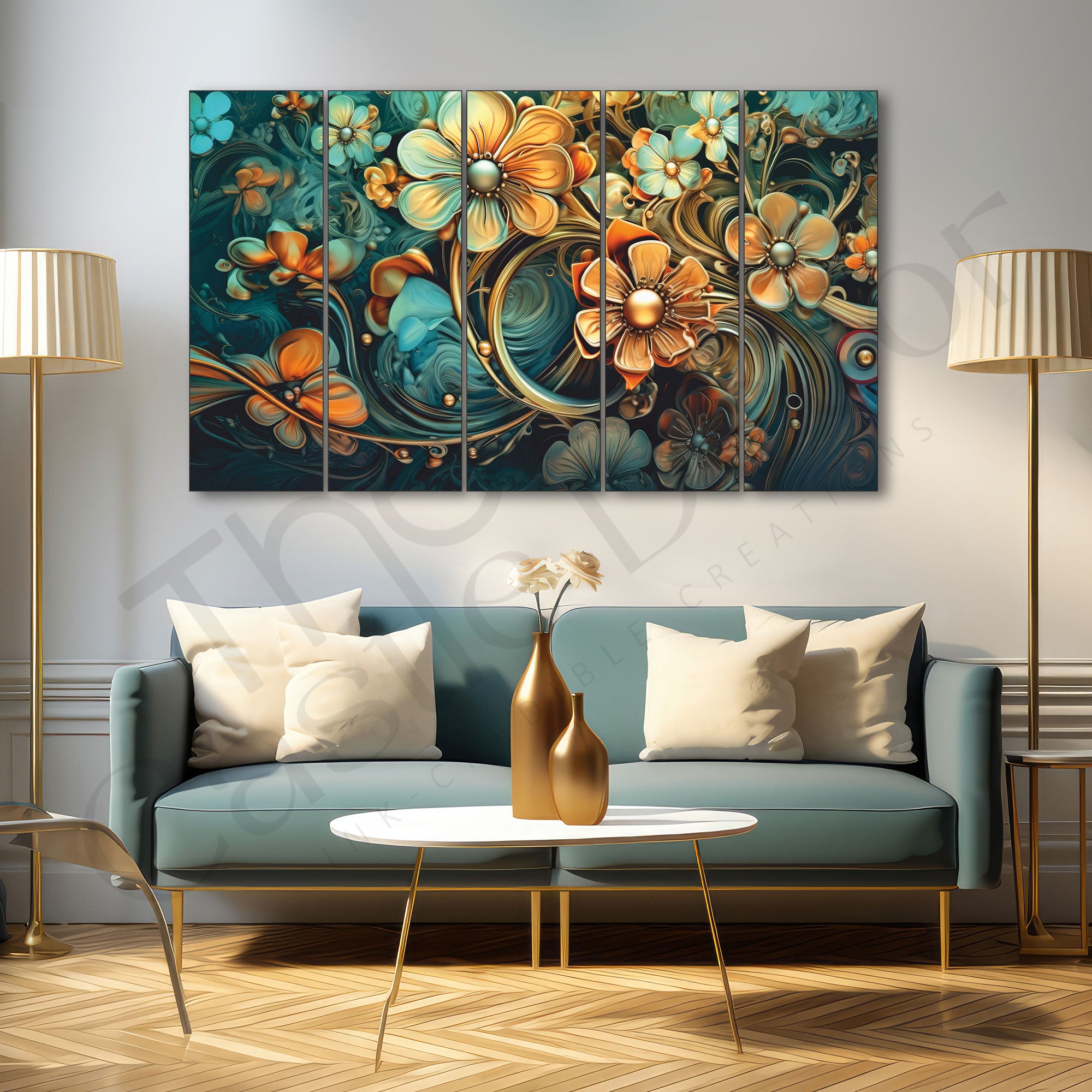 Multicolour Flower Painting Set of 5 for Home Decoration 27x48"