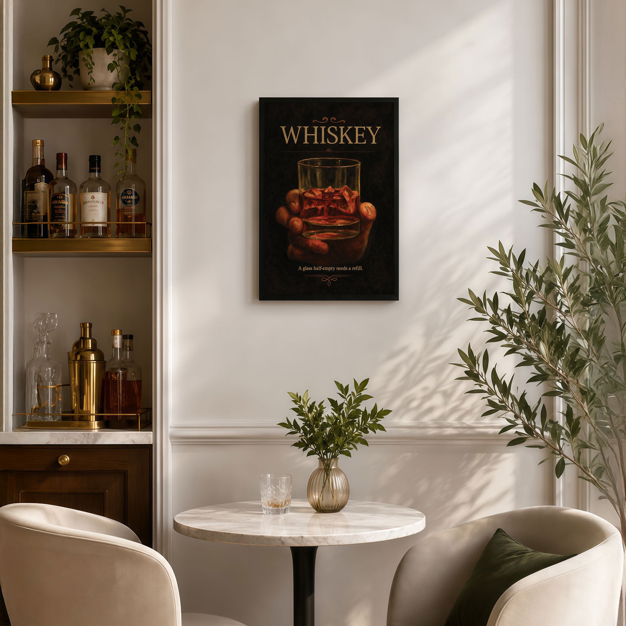 The Castle Decor Whiskey Wall Art Poster – A Glass Half Empty Needs A Refill | Vintage Bar Decor for Pub, Lounge & Home Bar
