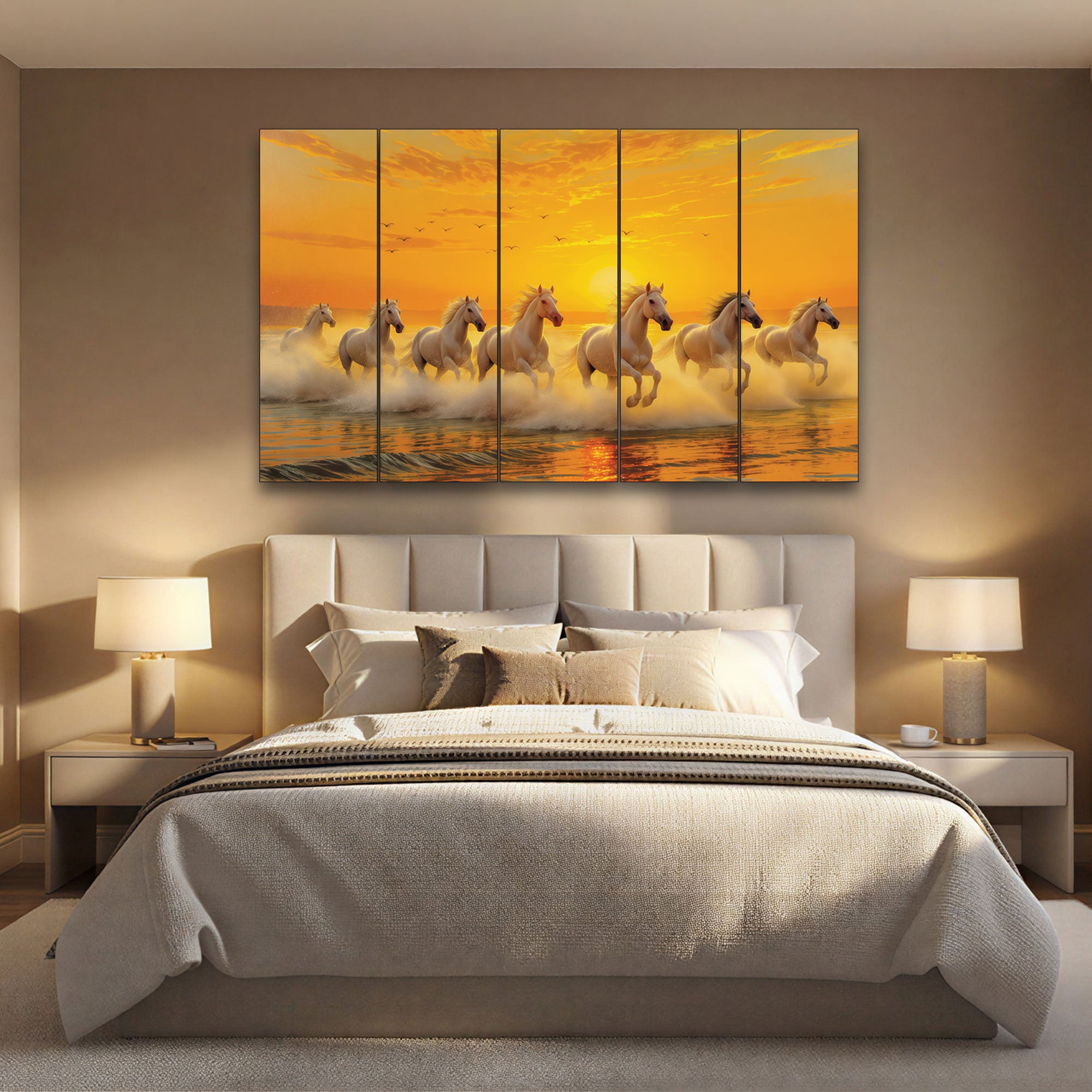 The Castle Decor 7 Running Sunrise Horses Wall Painting for Living Room Big Size Set of 5