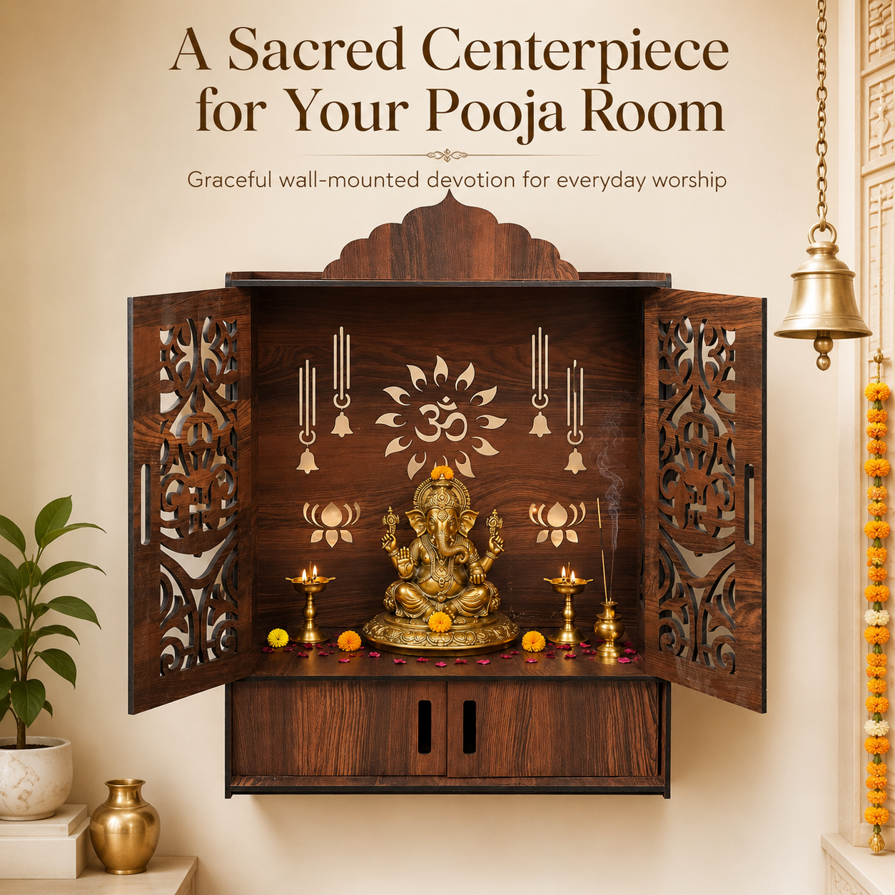 The Castle Decor Wooden Mandir for Home, Wall Hanging & Tabletop Pooja Temple with Double Doors, Om & Lotus Cutwork, Storage Cabinet, Dark Walnut MDF for Pooja Room, 16.5 x 24.5 x 10.5 Inch