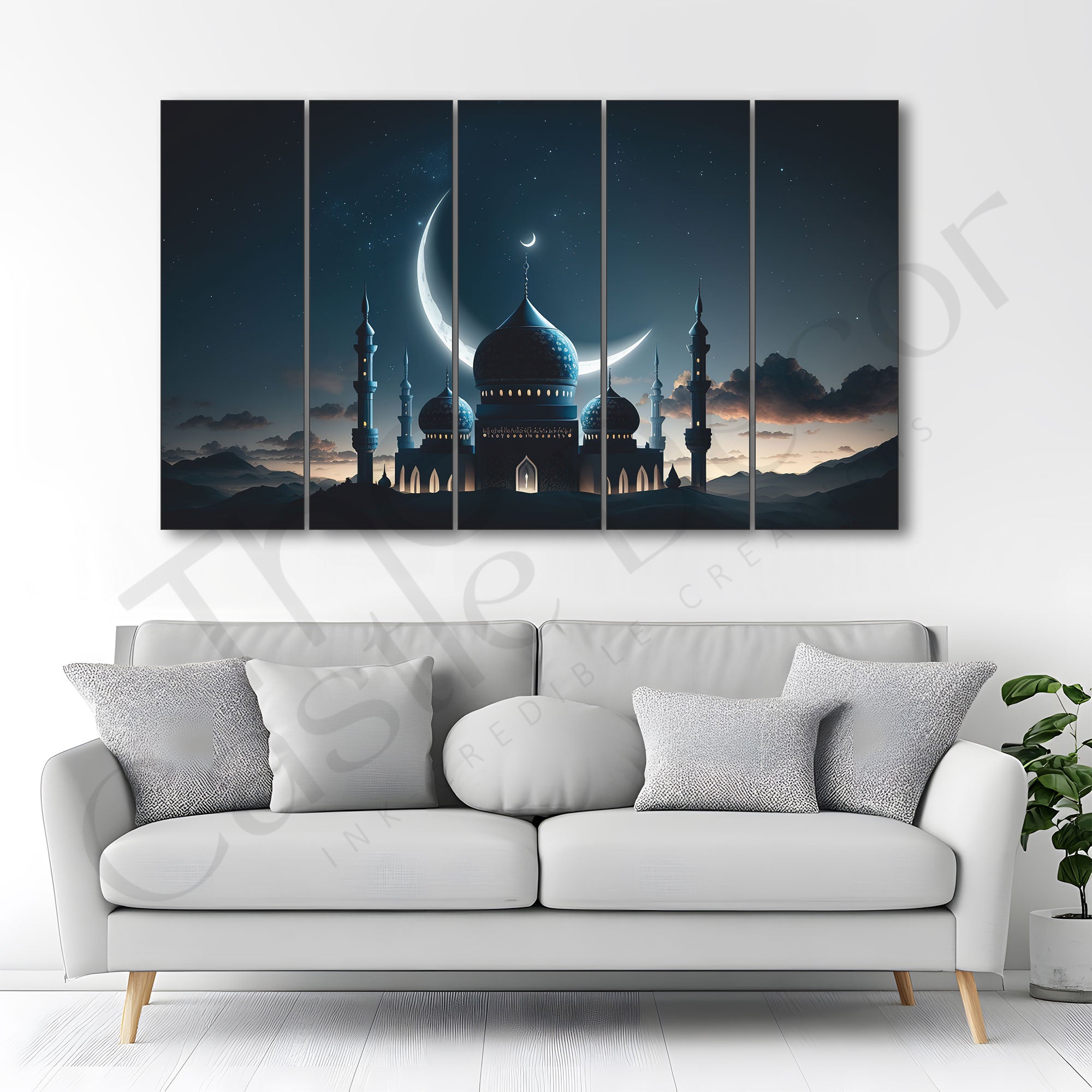 Islamic Wall Art, Beautiful, Mosque skyline Set of 5 Big Size Multiple Frames Wall Art Painting for living room,Bedroom,Drawing room,Hotels-Wooden Framed-Digital Painting