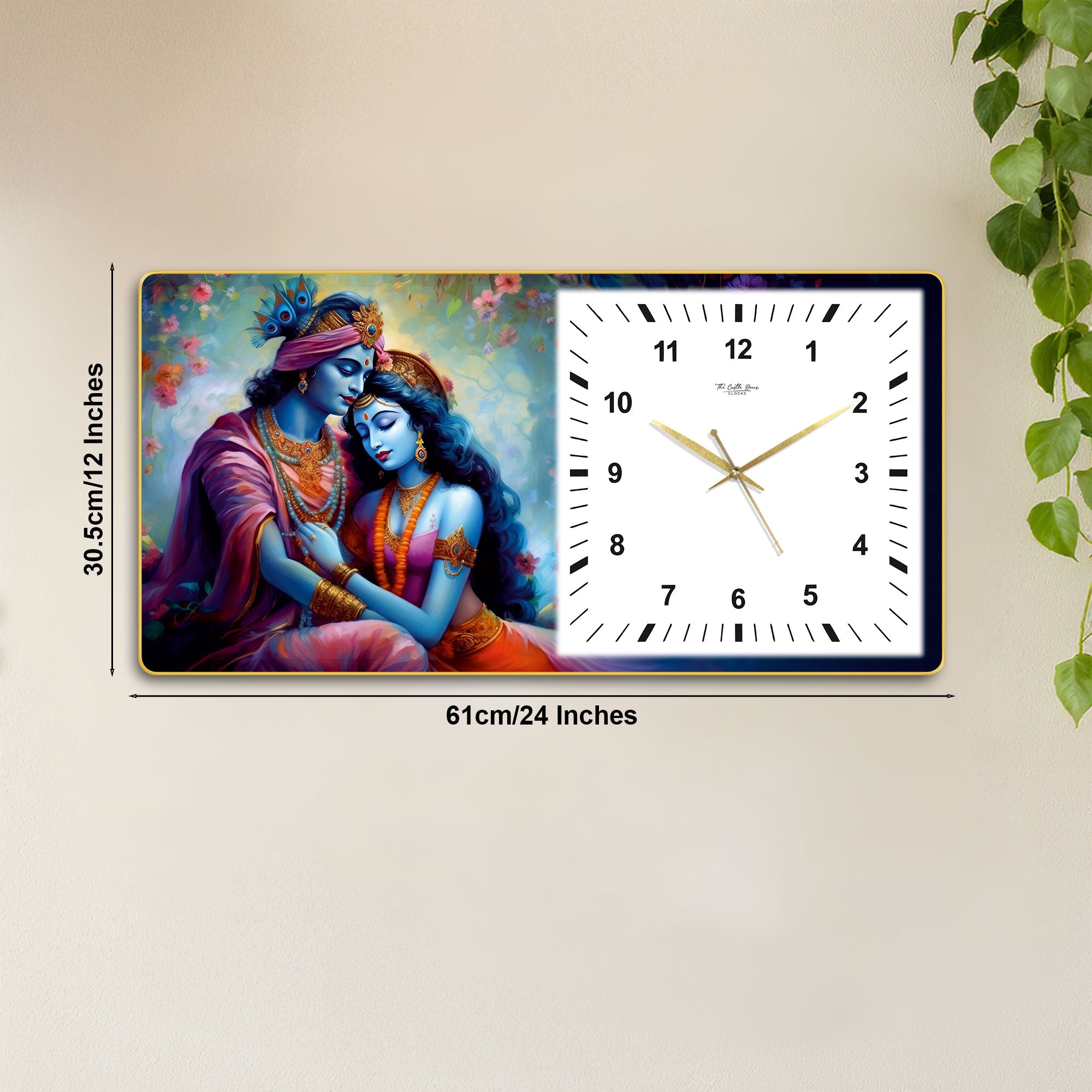The Castle Decor Radha Krishna Decorative Wall Clock 24x12 Inch, Silent Sweep Non-Ticking Modern Wall Clock with Golden Slim Frame