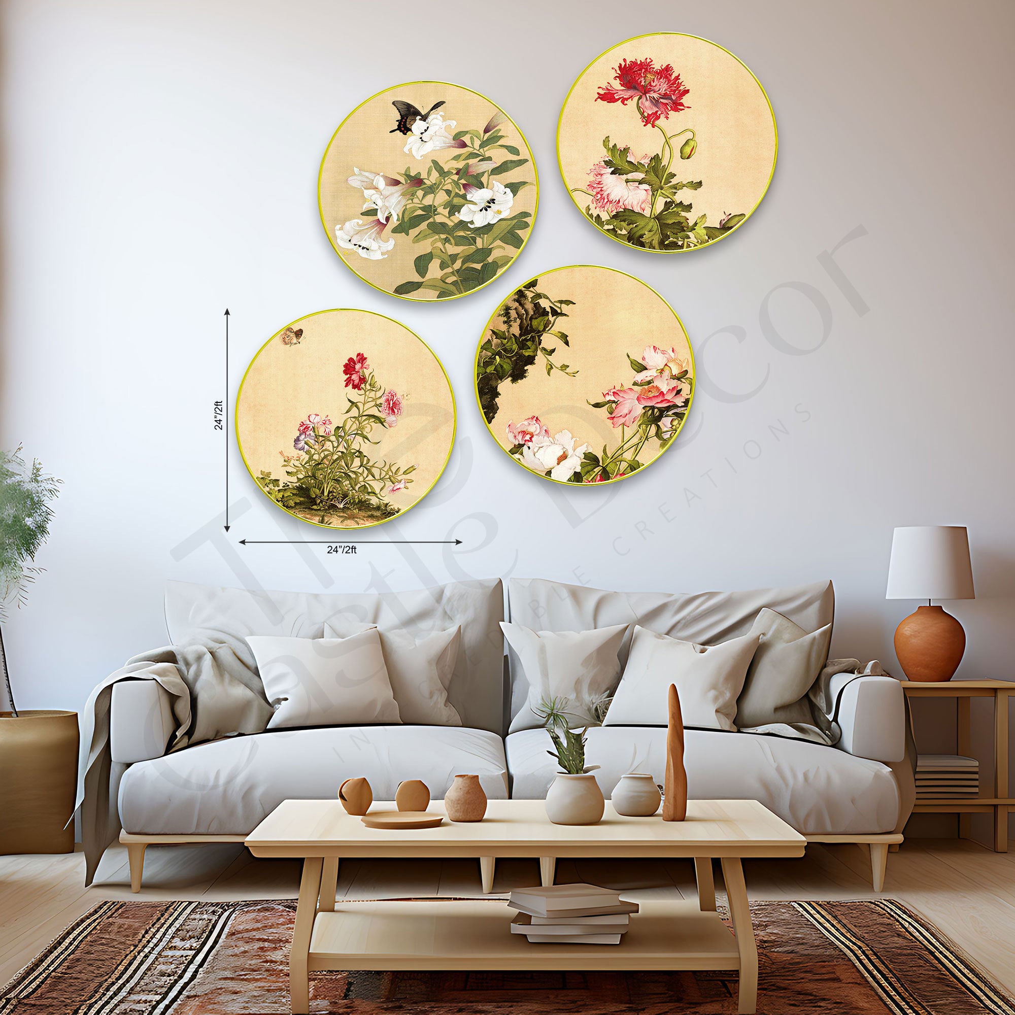 Flowers Sparkle Wooden Wall Plates Set of 4 for Home Decoration Art-75
