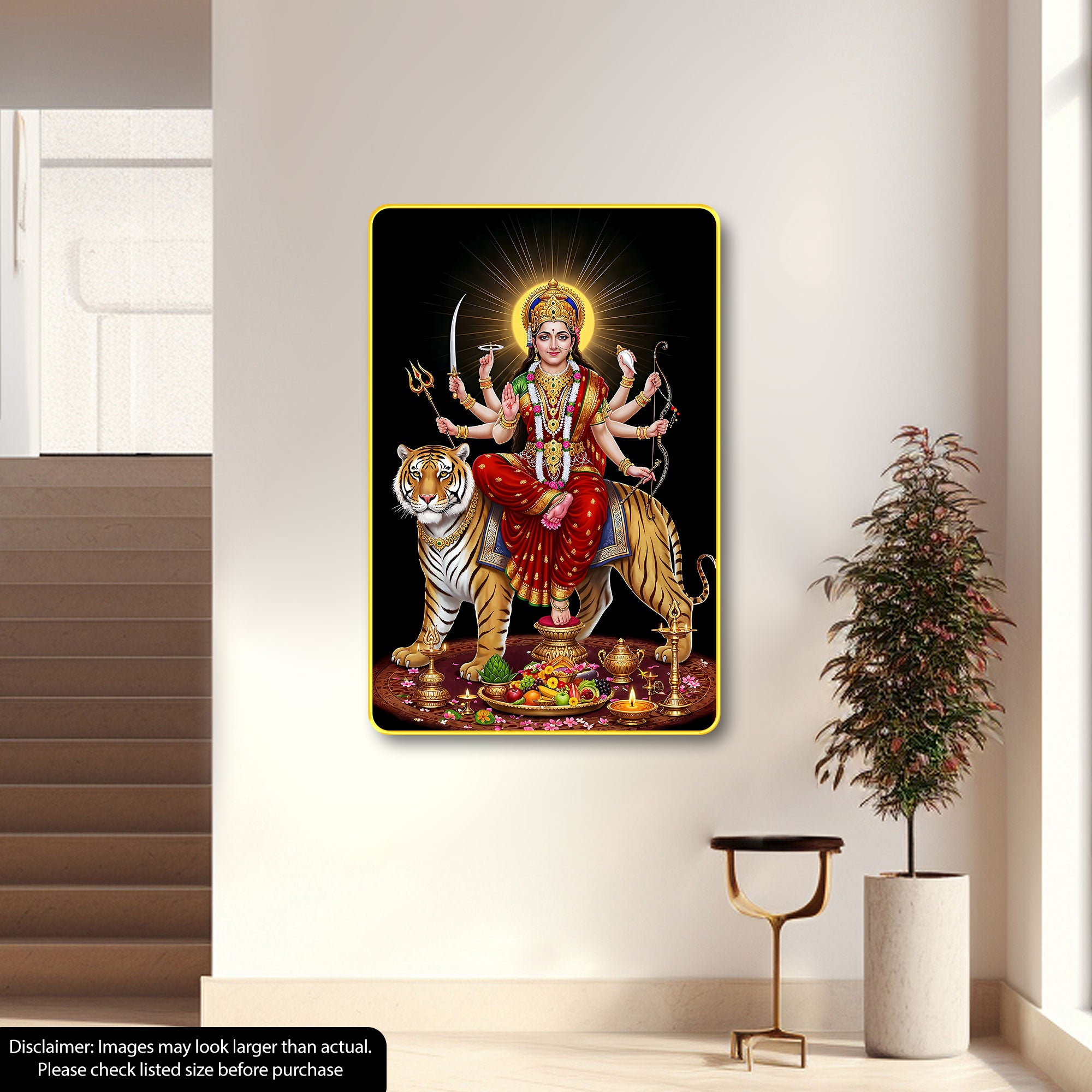 The Castle Decor Maa Durga Sparkle Laminated Digital Print | Golden Slim Frame Wall Hanging | Perfect for Pooja Room, Home Temple & Gift Purpose 20X30 Inches