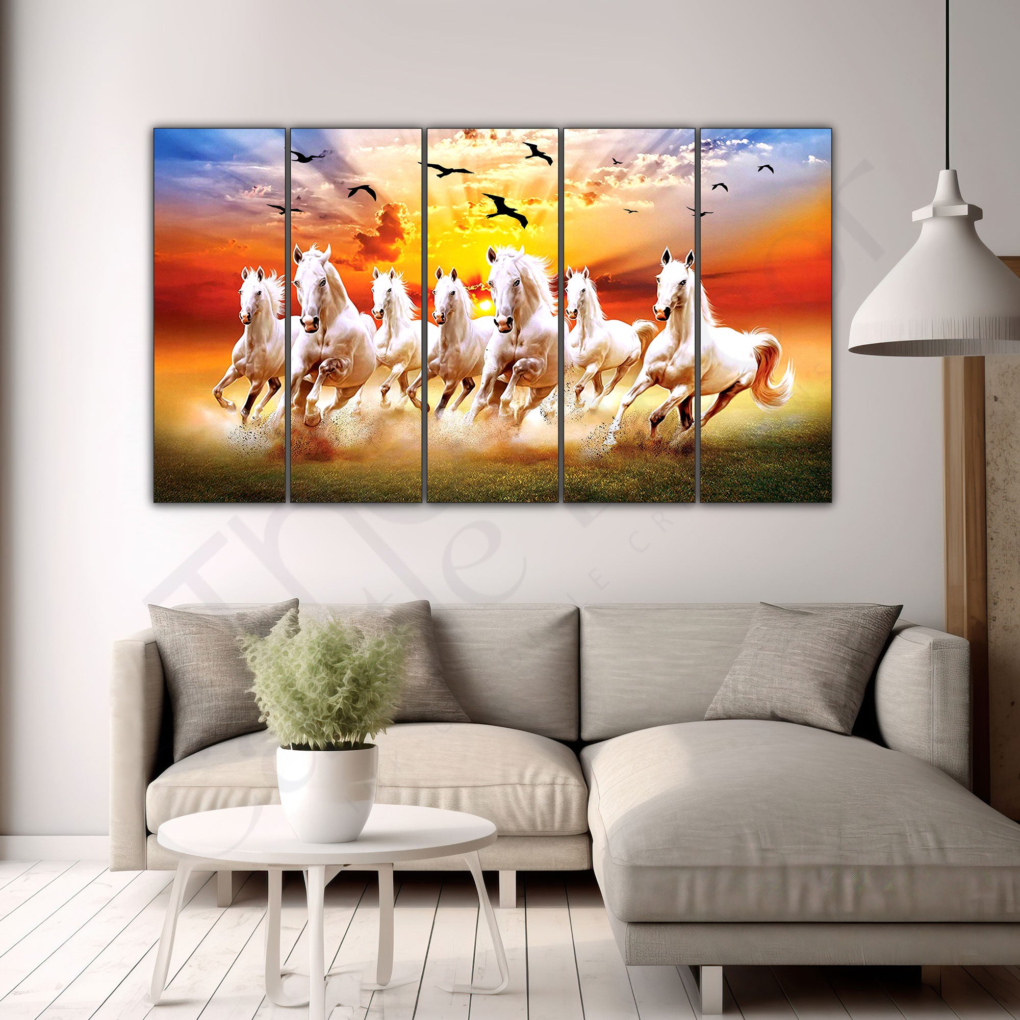 Vaastu 7 Beautiful Horses Set of 5 Big Size Multiple Frames Wall Art Painting for living room,Bedroom,Drawing room,Hotels-Wooden Framed-Digital Painting